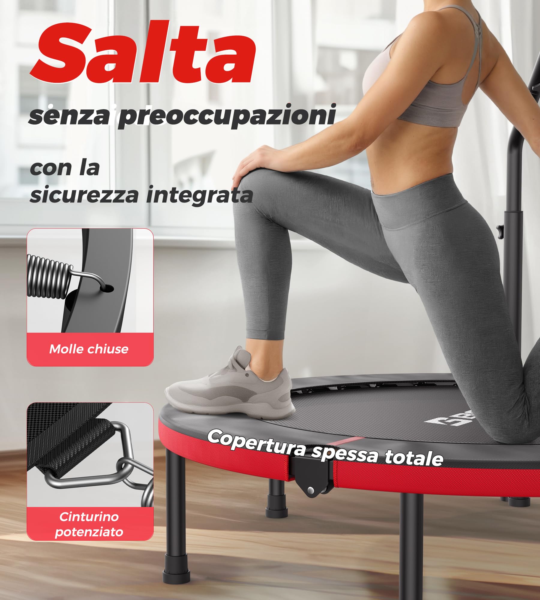 Trampolino da interno BCAN, mini trampolino fitness pieghevole da 102 cm, per adulti con maniglia regolabile, carico massimo 150 kg, ideale per l'allenamento a casa e l'allenamento fisico