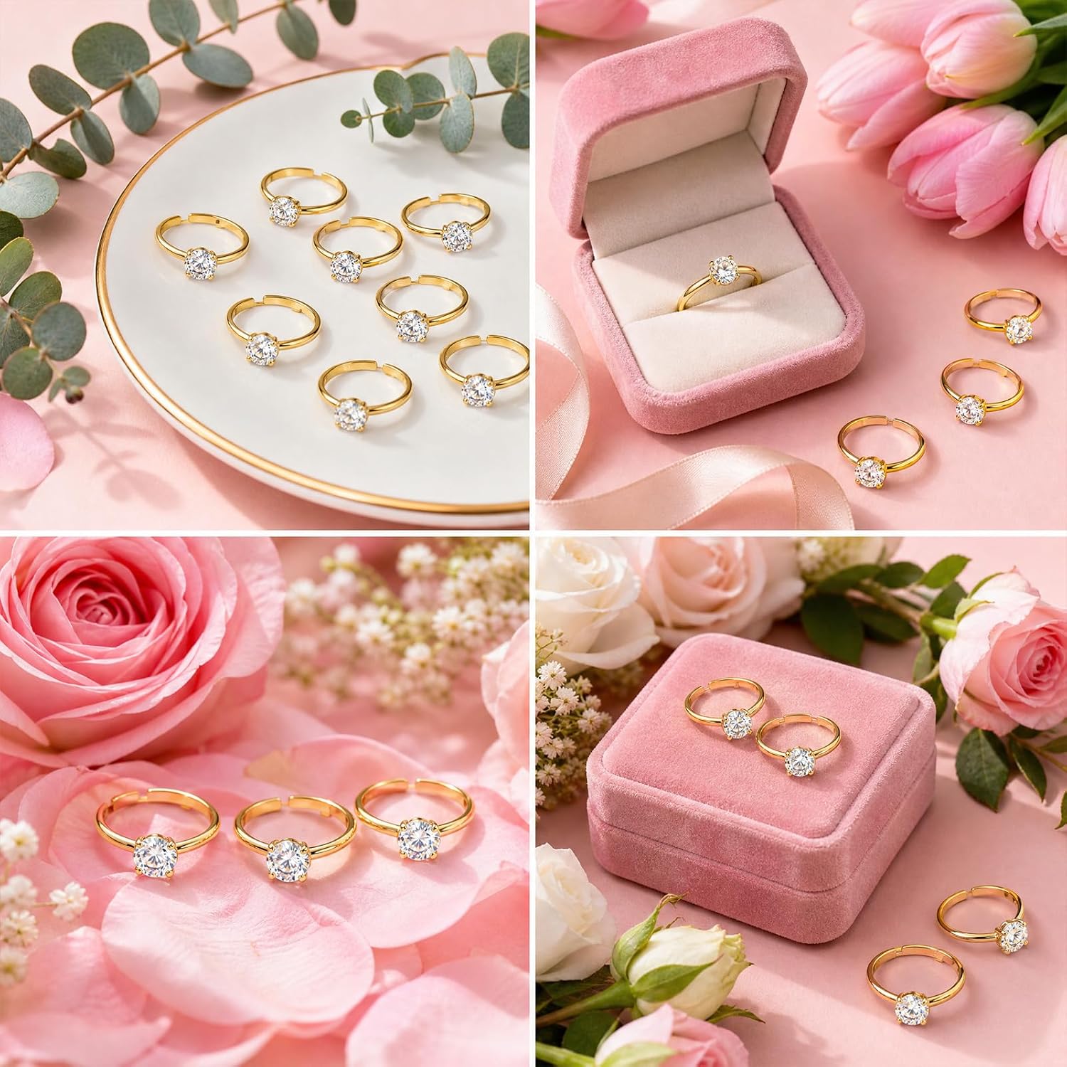 100 Pack Golden Fake Diamond Ring, Adjustable Bridal Shower Ring Game Props, Shiny Wedding Table Decorations for Party