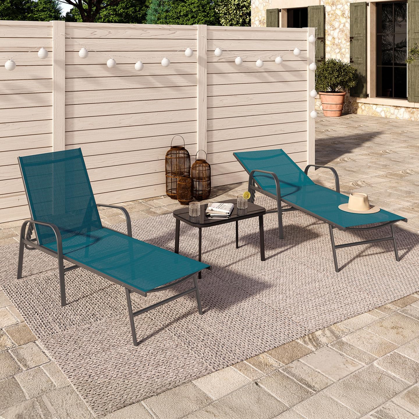 IDMarket - Lot de 2 transats de Jardin inclinables Fidji en Acier Gris Anthracite et Toile Bleu Canard