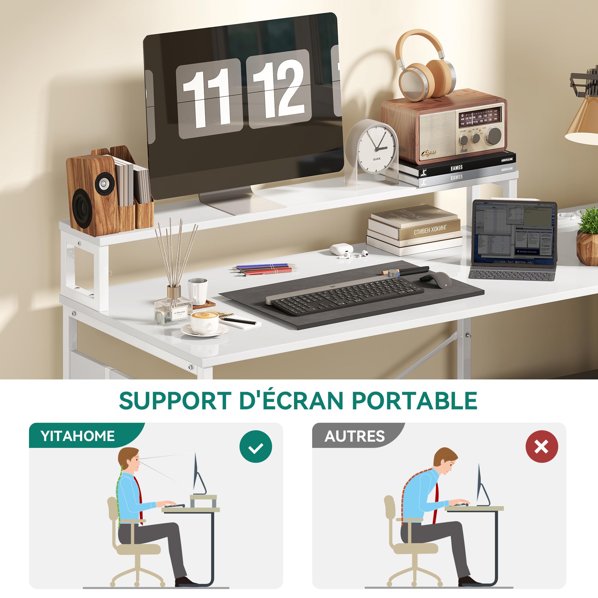 YITAHOME Mesa Escritorio con Estante de Almacenamiento de Bricolaje de 4 Niveles, Escritorio Ordenador con 2 Puertos USB y Enchufes para Oficina, Estudio, Sala de Estar, 130x100x75cm, Blanco