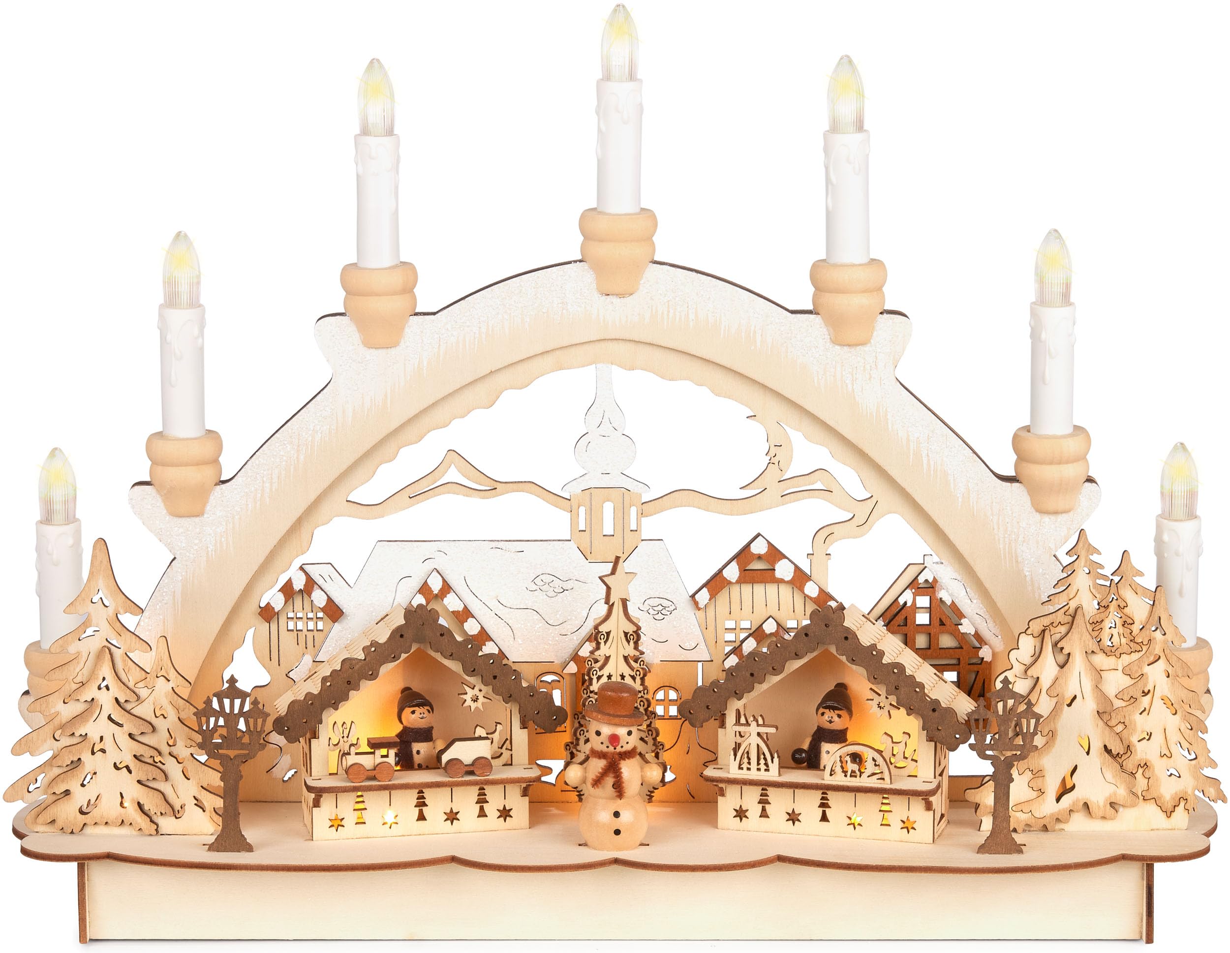 BRUBAKER 3D Lichterbogen - Schwibbogen LED Kerzen - Weihnachtsmarkt 2026 | Weihnachtsbeleuchtung aus Holz Natur - 31 x 41 x 11 cm - Handbemalte Figuren - Weihnachtsdeko für Tisch & Fenster
