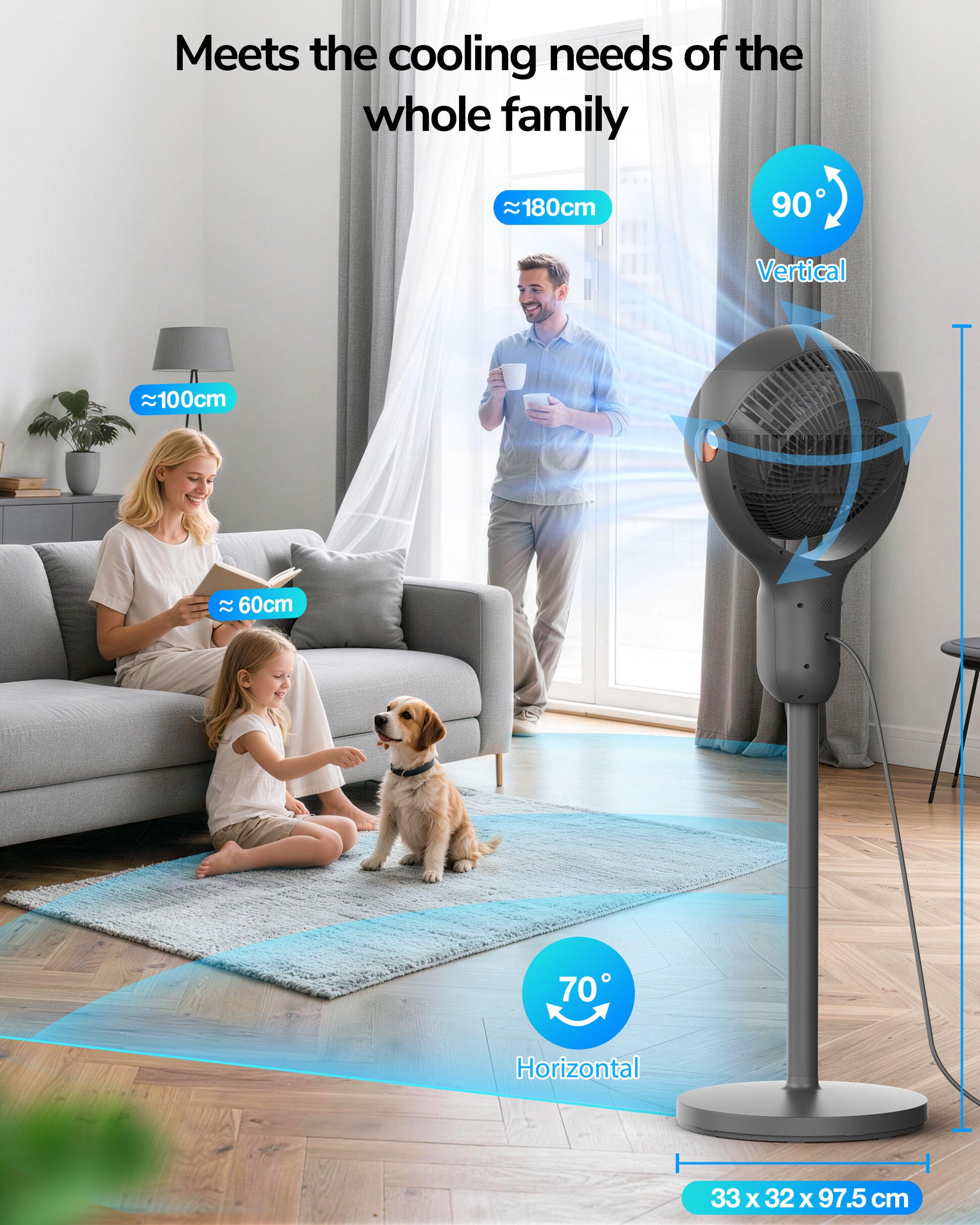 Ventilatore circolatore d'aria a piantana, oscillante 70° orizzontale e 90° verticale, max 6,6 m/s, 6 livelli di vento, 3 modalità, timer 12h, telecomando con batteria a bottone, cavo di