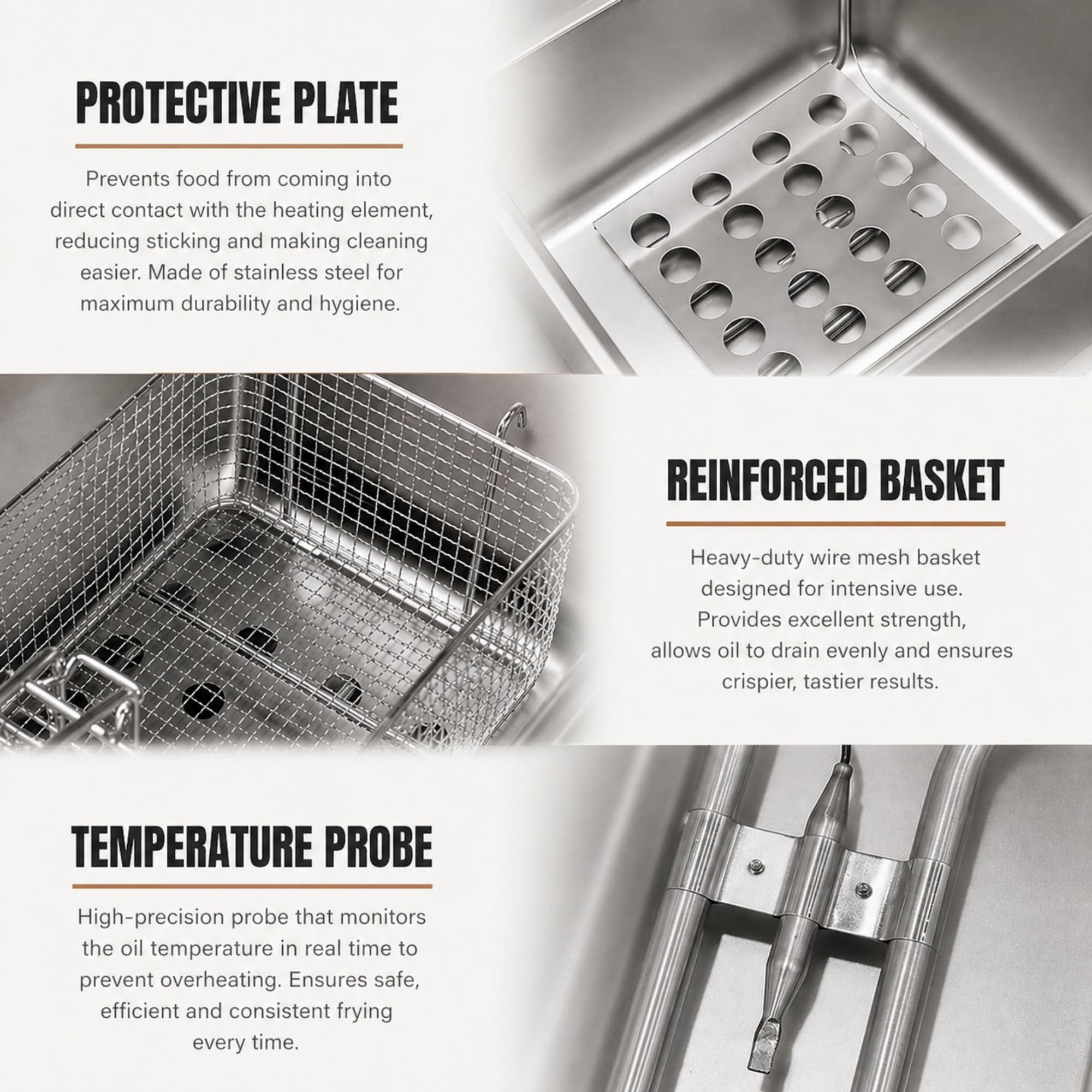 Friggitrice Professionale da 10 Litri. Friggitrice in Acciaio Inox, con Sonda per il Controllo della Temperatura. Ideale per la Ristorazione e la Cucina Domestica.