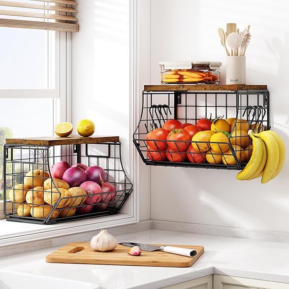 Kitstorack 2 Pcs Wall Fruit Basket for Kitchen Screwless