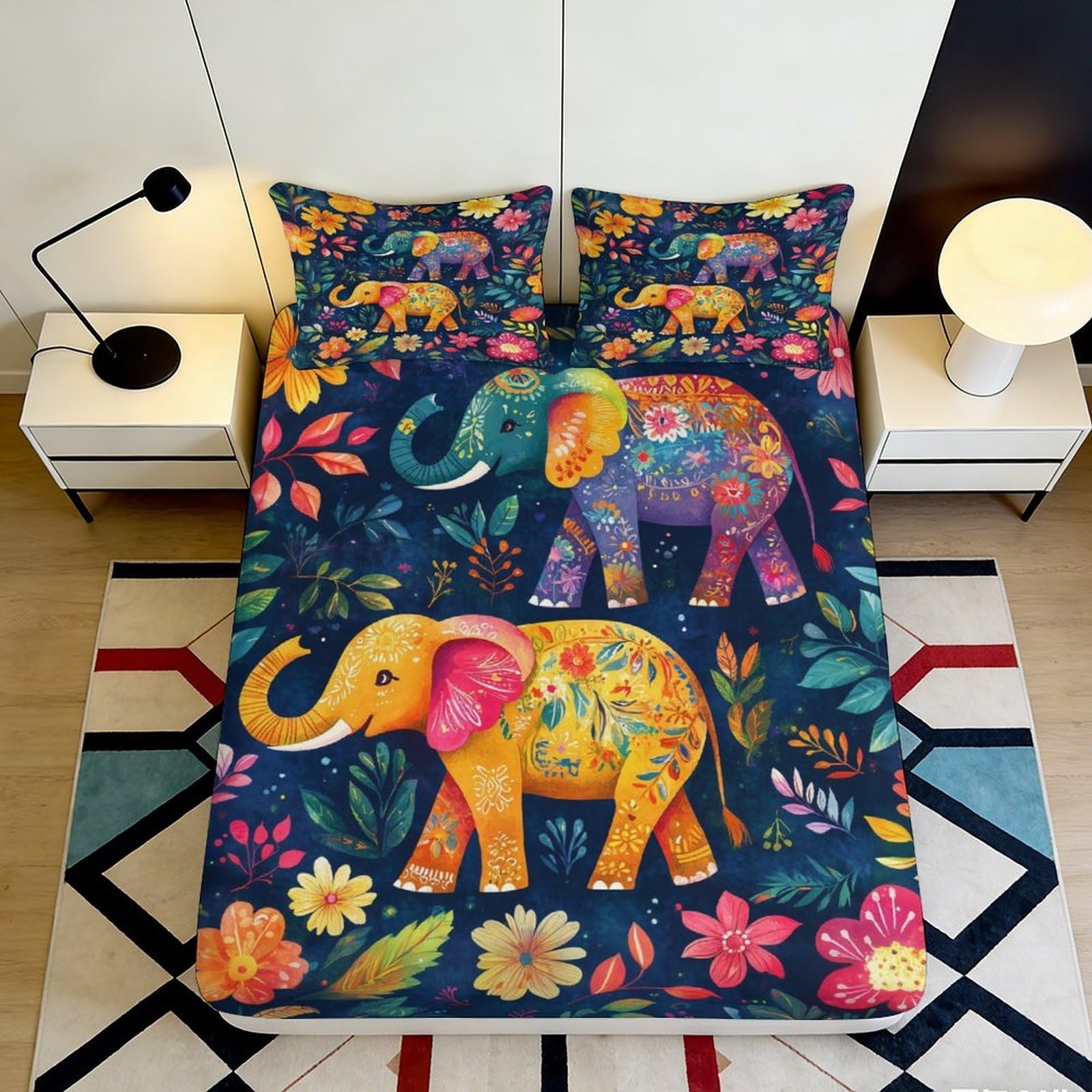 3D Printed Colorful Elephant Fitted Sheet Microfiber Soft Floral Animal Mattress Cover for Bedroom Guestroom Decor 90x200x25cm