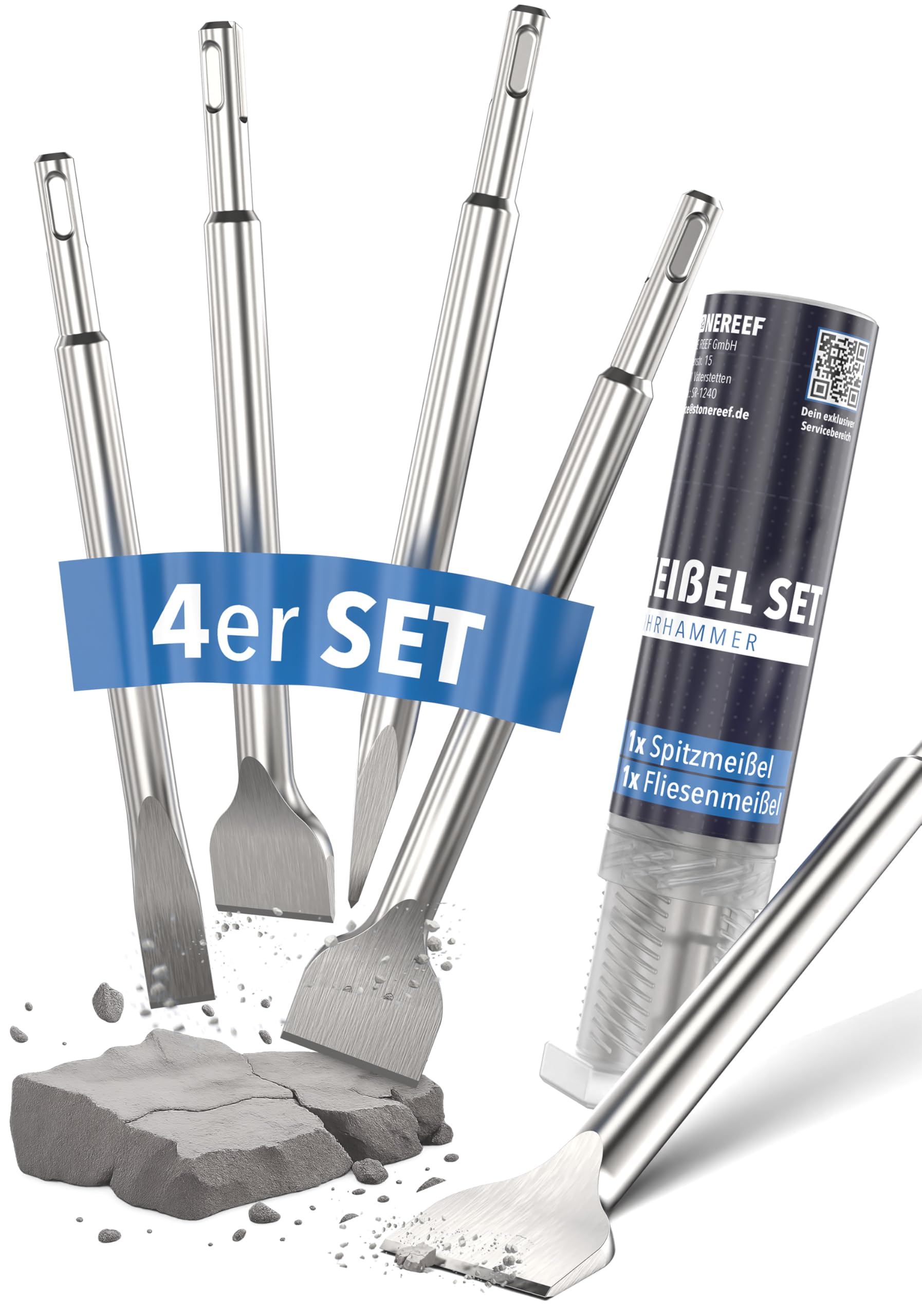 SDS Plus Meißel Set [4-teilig inkl. Fliesenmeißel], Sds Meißel, Meisel, Flachmeißel, Meissel, Sds Meißel Set, Meiselset für Bohrhammer, Spachtelmeißel, Spitzmeißel, Sds Meißel breit fliesen