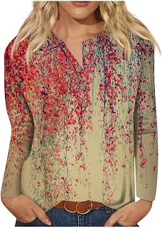 Womens Long Sleeve Tops Trendy Casual Loose Button Down Henley Pullover Blouse Fall Elegant Print Plus Size Shirts Long Sleeve Tops Women