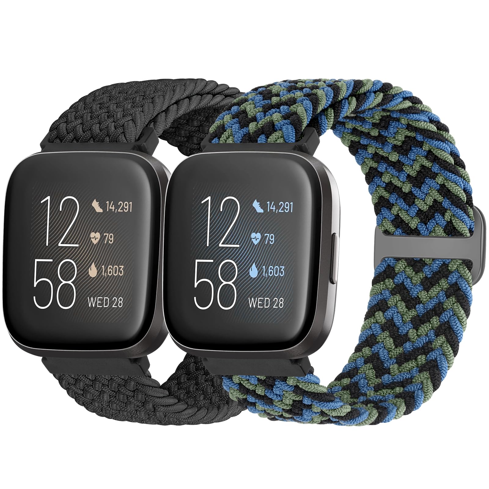 Bcuckood Braided Strap Compatible for Fitbit Versa 2/Versa Lite/Versa SE, 2 Pack Adjustable Elastic Nylon Sport Watch Band for Women Men