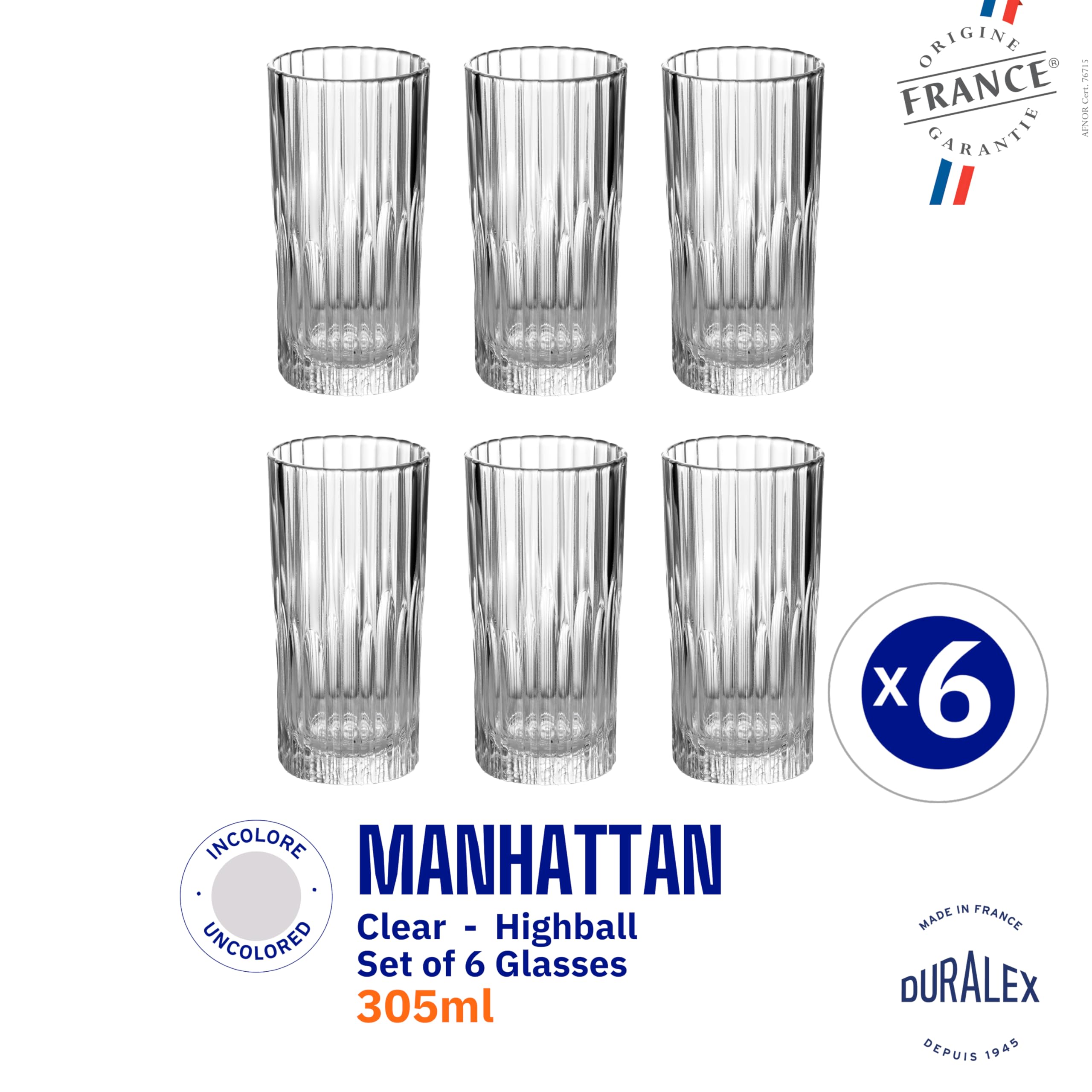 Duralex France Manhattan Drinking Glasses Set of 6-305ml Glass for Drinking Water Juice Cold & Hot Drinks Smoothies Shakes | 3X Stronger & Durable | Dishwasher & Microwave Safe | Scratch Resistant 1