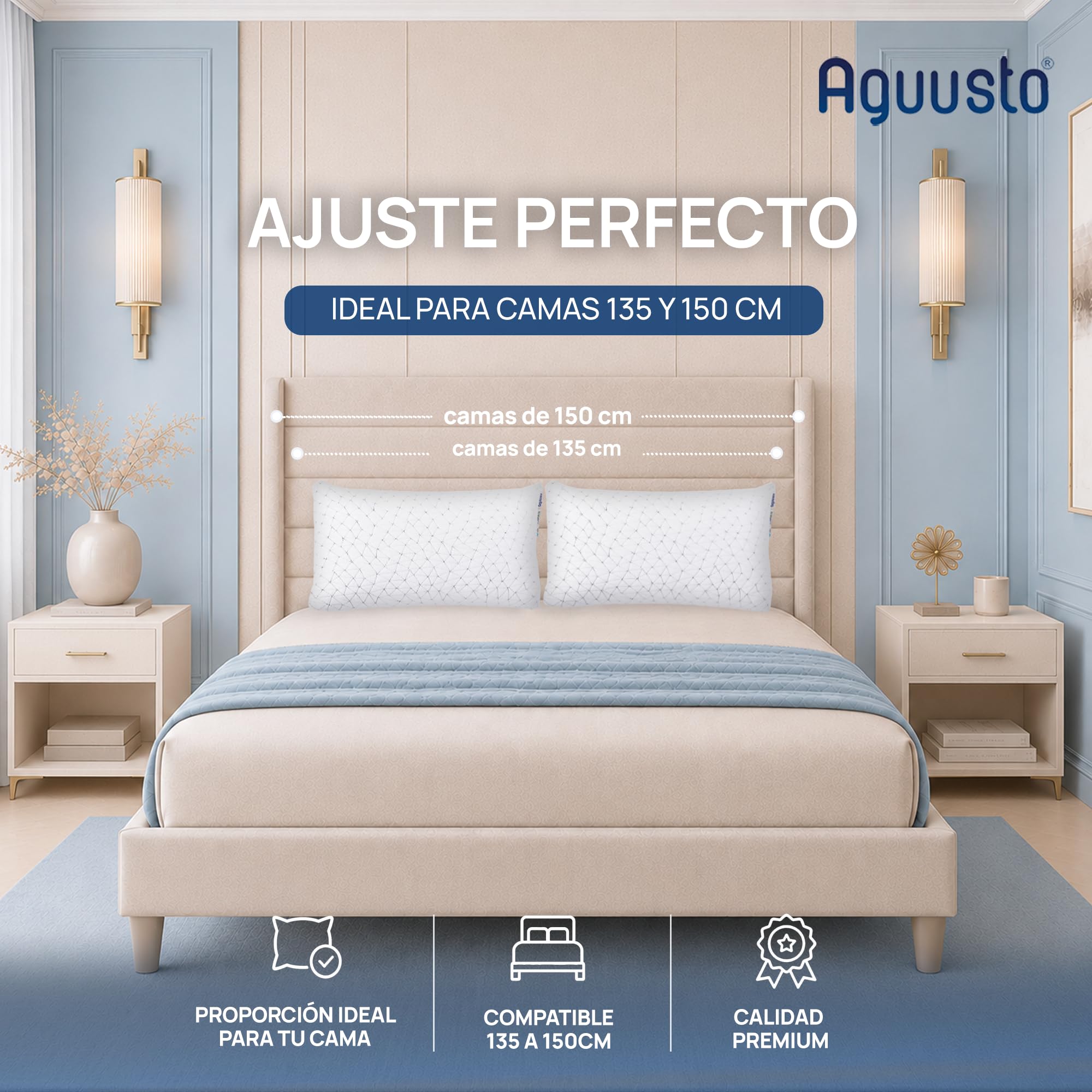 Oficial Almohada de Gel Viscoelástica Premium - Relleno Ajustable - Doble Funda Lavable y Transpirable, para Dormir de Lado, Boca Arriba o Boca Abajo, Memory Foam, Augusto Matrimonial 70cm