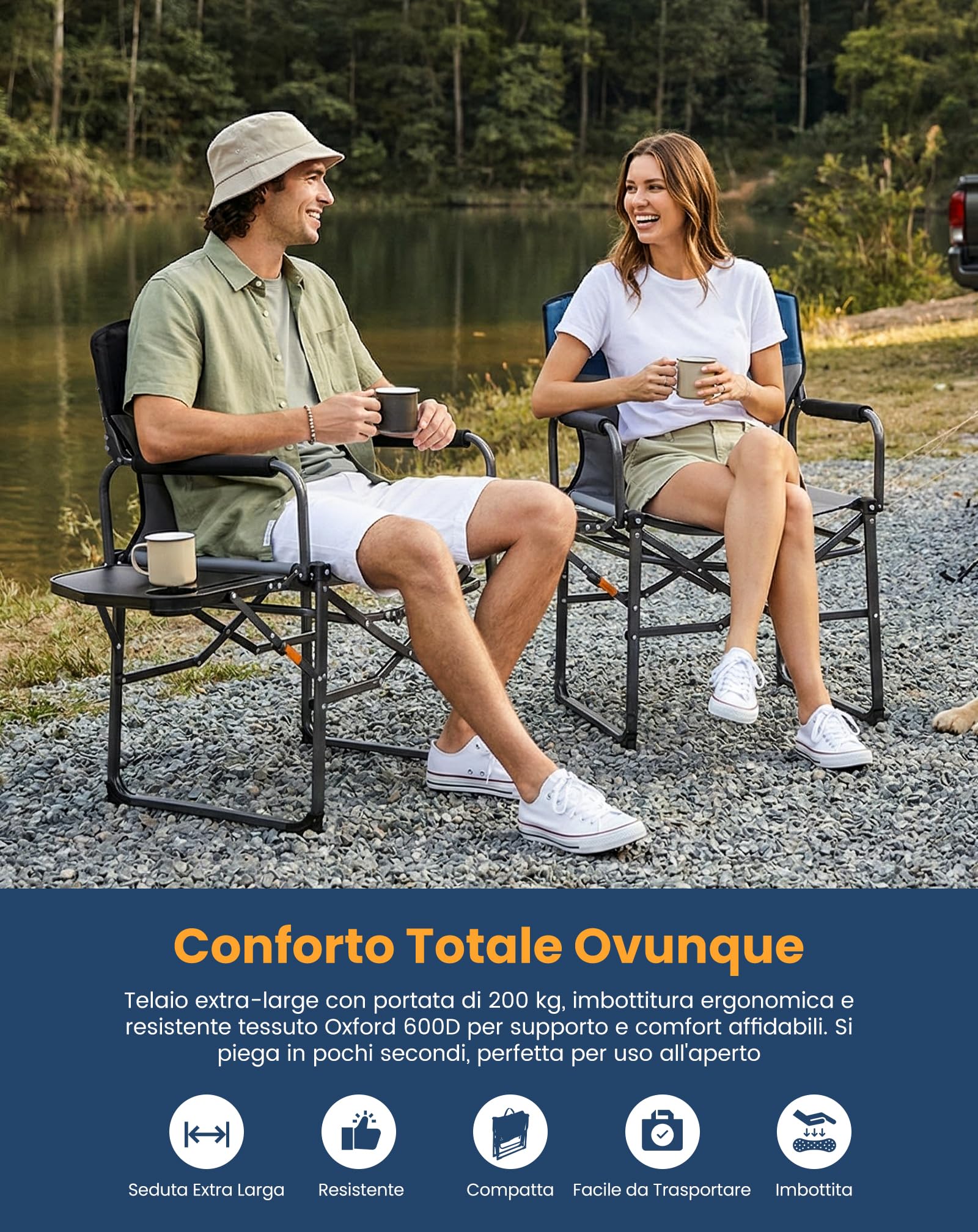 KingCamp Compatta Sedia da Regista Camping Pieghevole, Fino al 200 kg | Sedia da Campeggio Imbottita, Tavolino Laterale, Pacchetto Piccolo, Sedie da Pesca Portatile per Campeggio Spiaggia Giardino