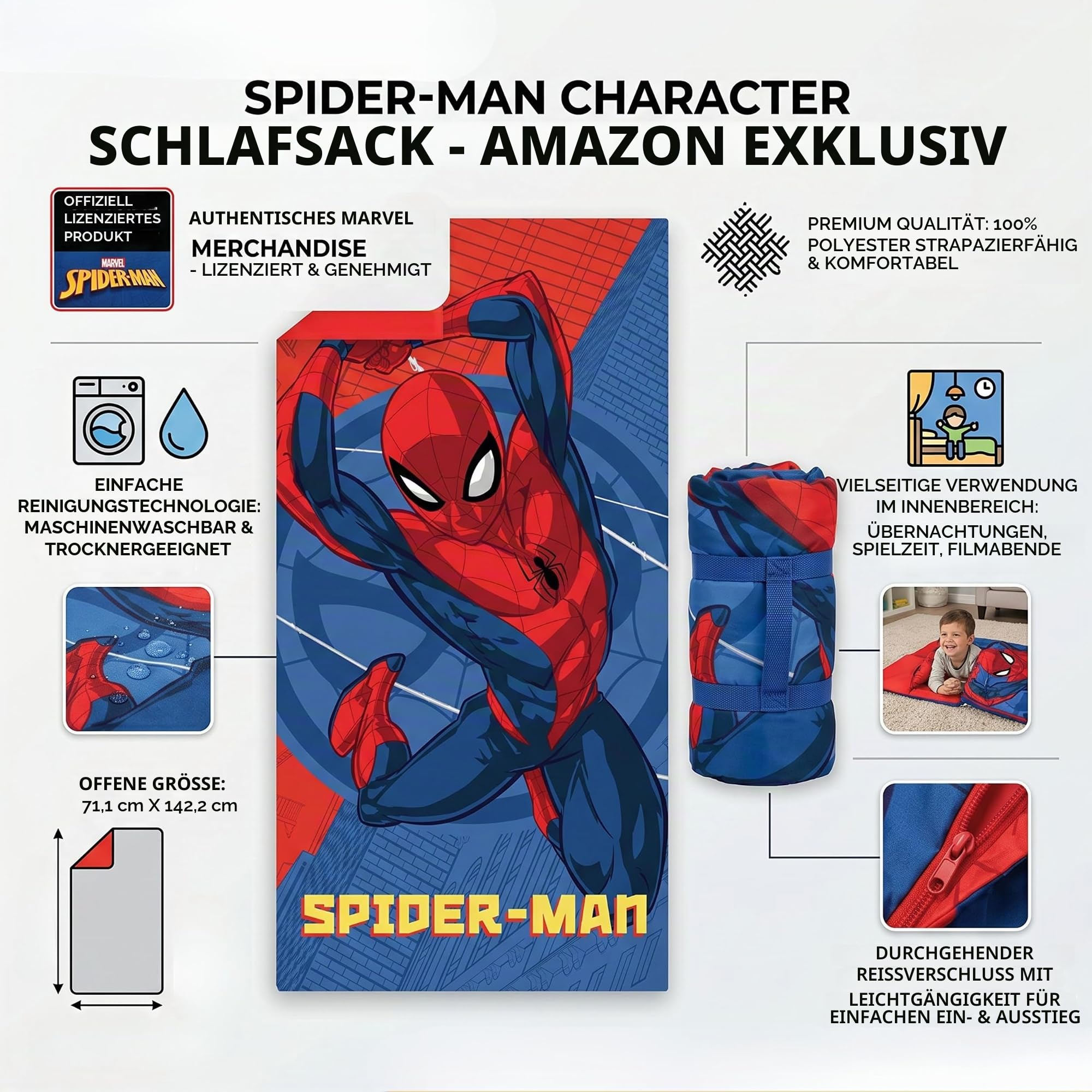 Disney Cars/Minnie Mouse/Marie Cat/Spiderman Avengers Kinder-Schlafsack 70×140 cm | Leichter & Warmer Schlafsack aus 100% Polyester mit Reißverschluss | Ideal für Schulausflüge & Übernachtungen