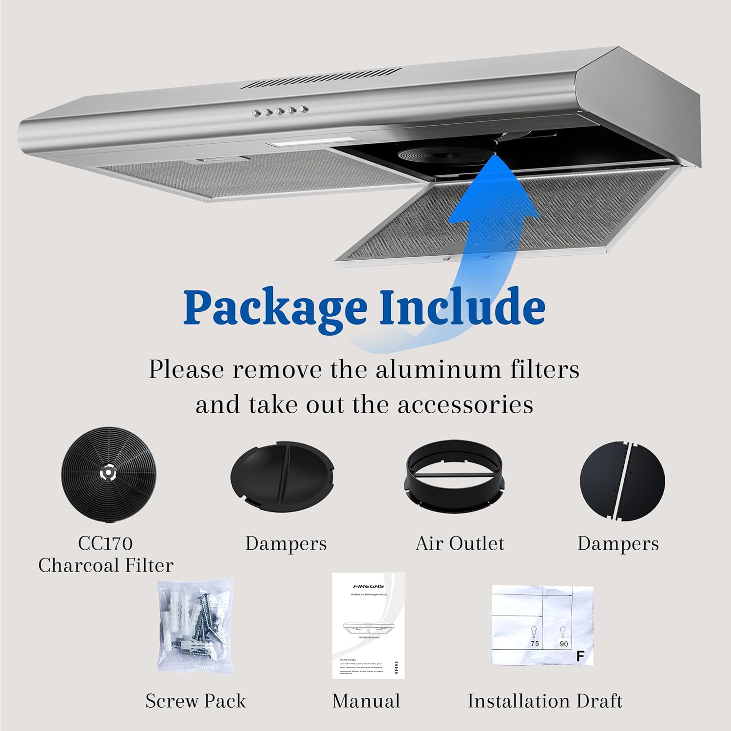 FIREGAS Under Cabinet Range Hood 30 Inch, Ducted/Ductless Convertible Kitchen Vent Hood with 250 CFM, Stainless Steel, 3-Speed Exhaust Fan, Energy-Efficient LED Lights for Stove Ventilation