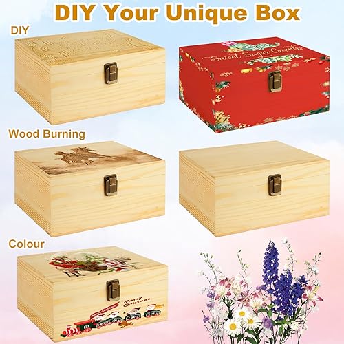 Miniatura 4 de DAJAVE Paquete de 2 cajas de madera sin terminar, caja de almacenamiento de madera con tapa con bisagras, caja de madera de pino, cajas de