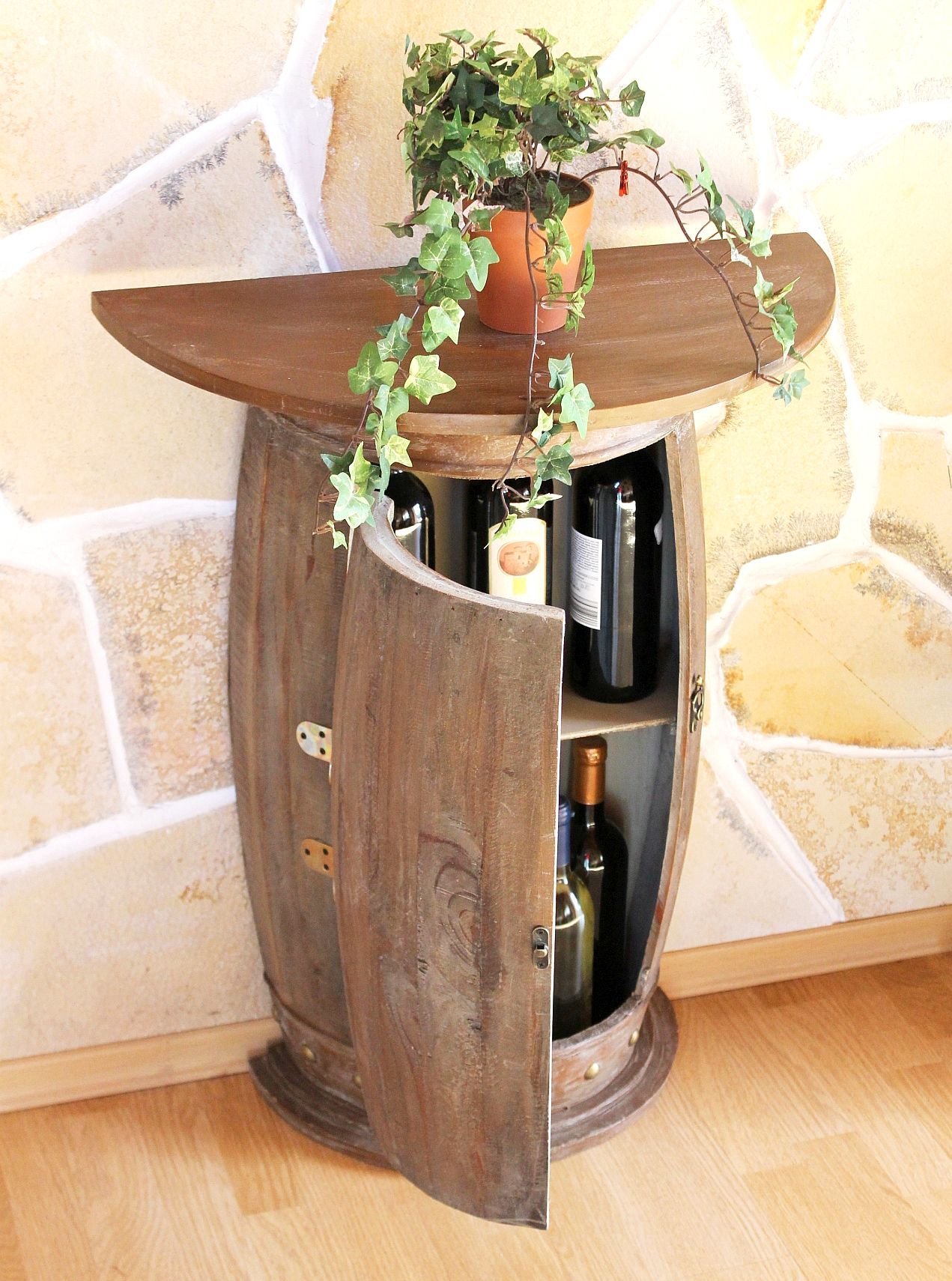 DanDiBo Wandtisch halbrund Tisch Weinregal Weinfass 0373-R Braun Schrank Fass aus Holz 73 cm Beistelltisch Konsole Wandkonsole Bar