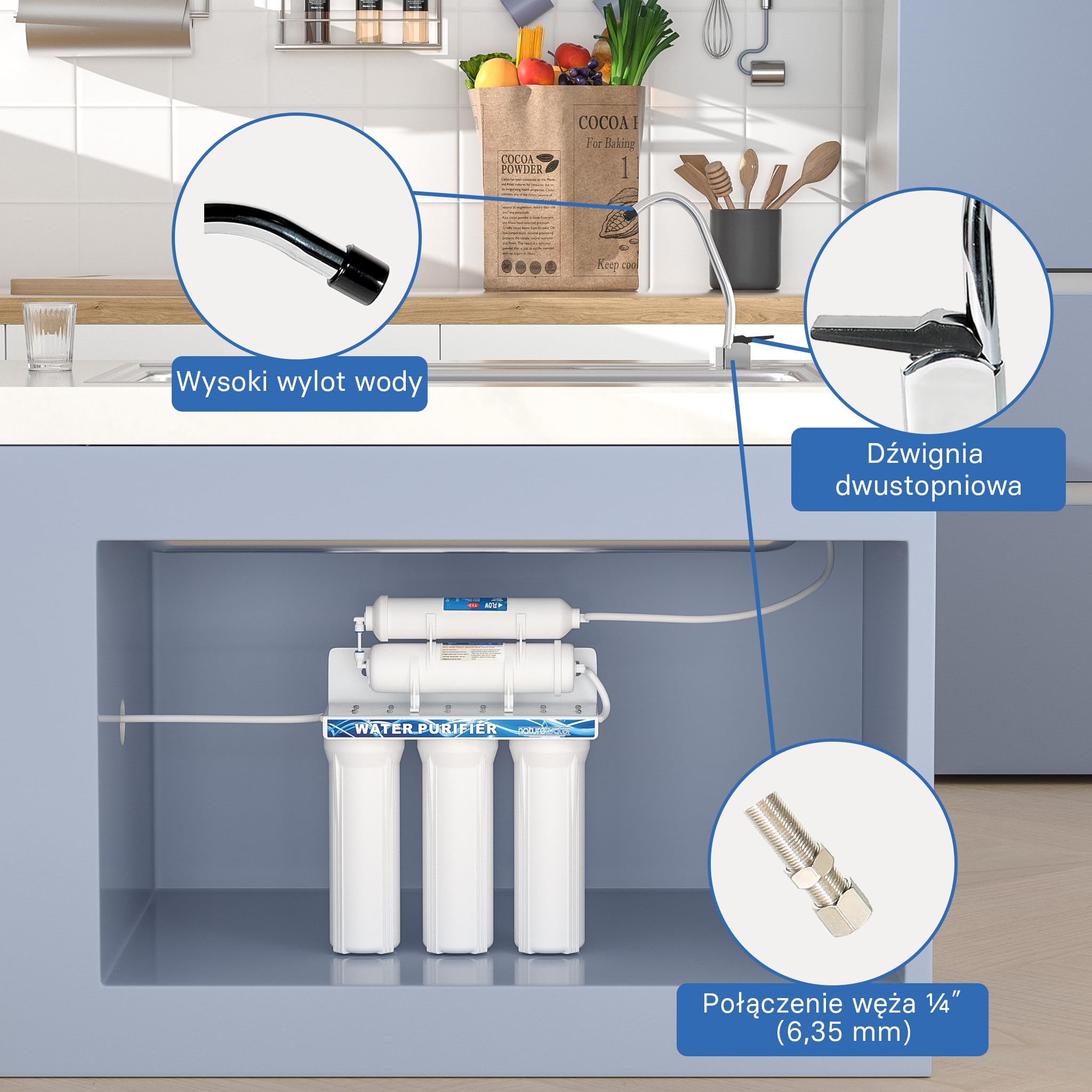 Naturewater NW-PR305 5-stopniowy filtr do wody, 5µ, wkład PP, uchwyt ścienny filtra pod zlewozmywak, klucz do filtra, filtr osadów z węglem aktywnym, kran, wąż 2,5m, krótki zawór trójdrożny kulowy