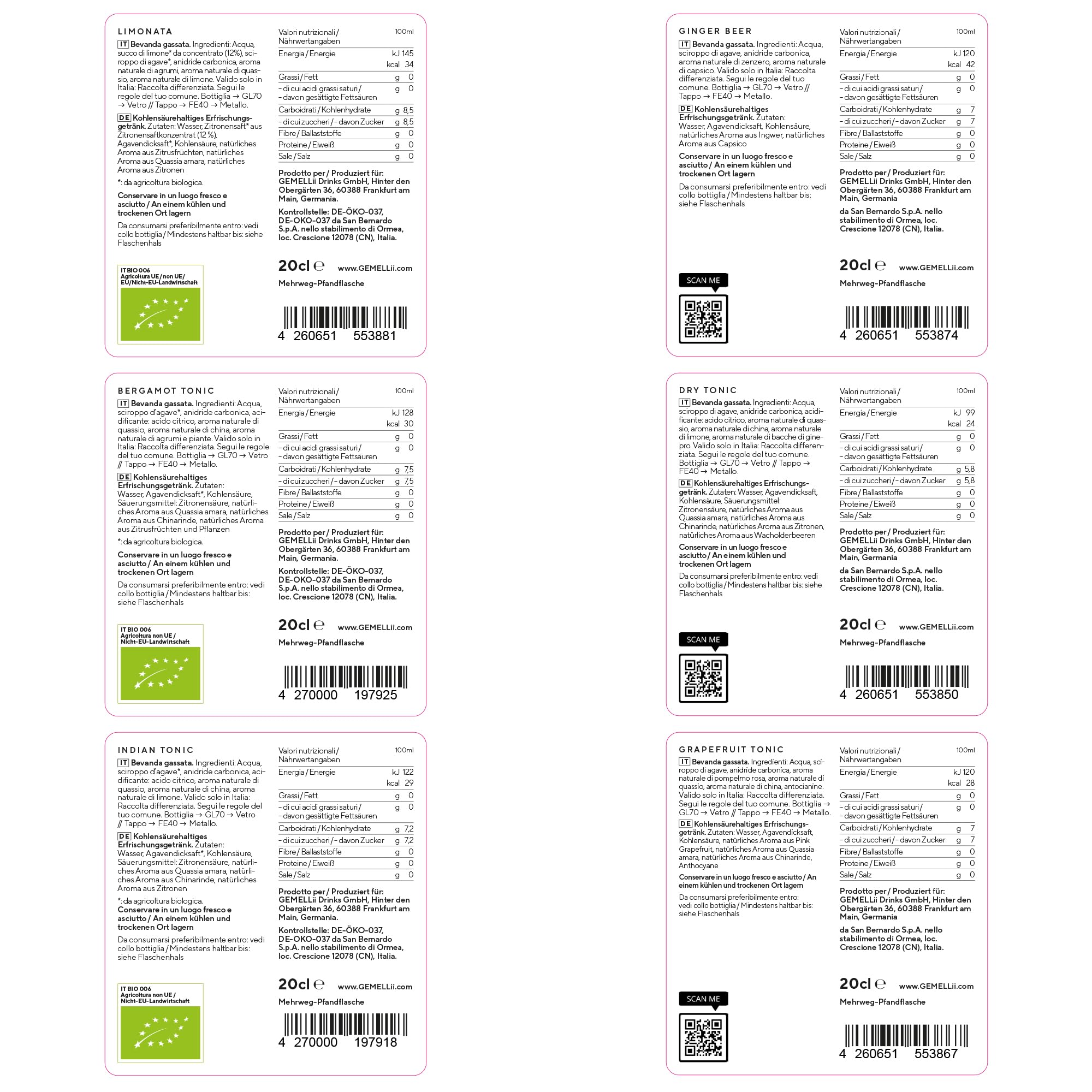 GEMELLii Probierset Tonic Water, 6x 200ml Flaschen, natürliche Inhaltsstoffe, mit Agavendicksaft gesüßt, Made in Italy
