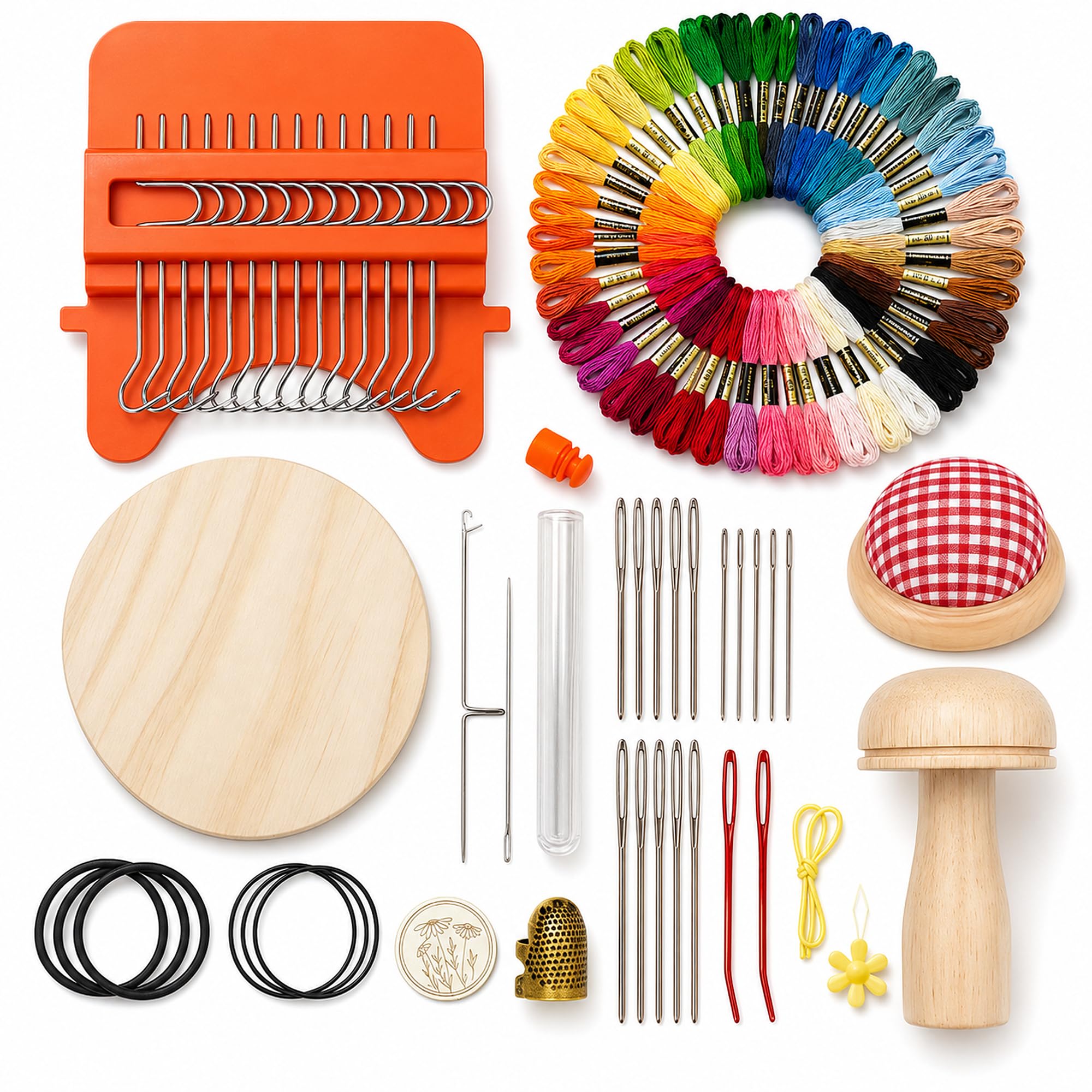 Kit de mini métier à tisser - 50 fils arc-en-ciel et accessoires complets - Kit de réparation textile pour chaussettes, jeans et pulls - Mini cadre de tissage pour réparation rapide