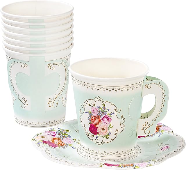 Talking Tables Pack of 12 Vintage Floral Afternoon Tea Saucer Truly Scrumptious | for Adults or Kids Birthday Party, Baby Shower,and Wedding, Paper, Cup Set Mint, Height 8cm, 3"