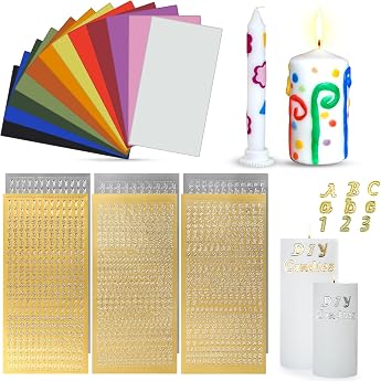 12 Colors Wax Plates with 3 Pieces Golden Letter Stickers and 3 Pieces Silver Stickers for Decorating Christening and Communion Candles