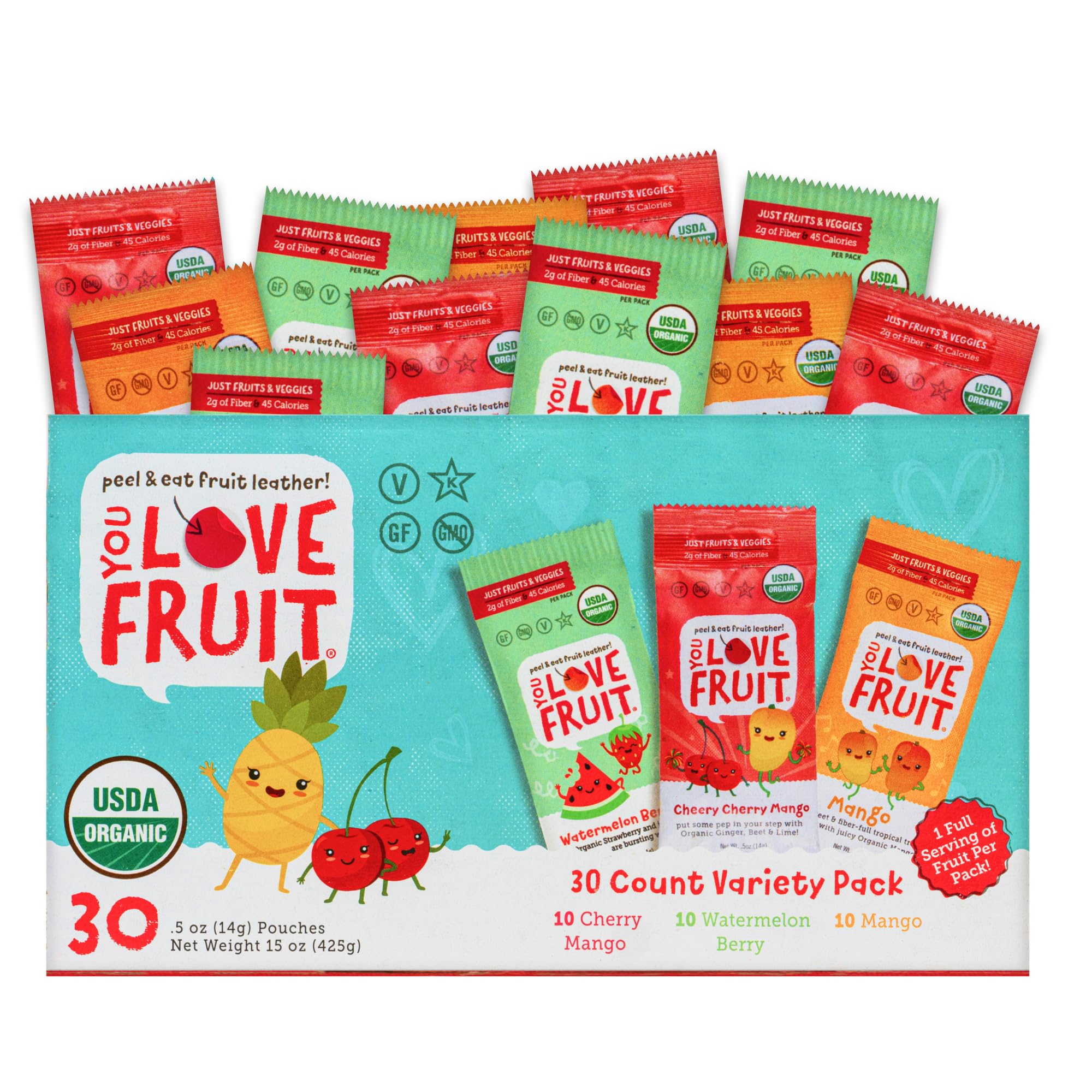 YOU LOVE FRUIT - Fruit Snacks Variety Pack 30 count, 100% Natural Gluten-Free, Vegan, Low Carb, Low Fat Fruit Kosher Snacks for Kids, College Students, Teachers and Offices, Healthy Fruit Snacks (Cherry, Watermelon, Mango)USDA Organic