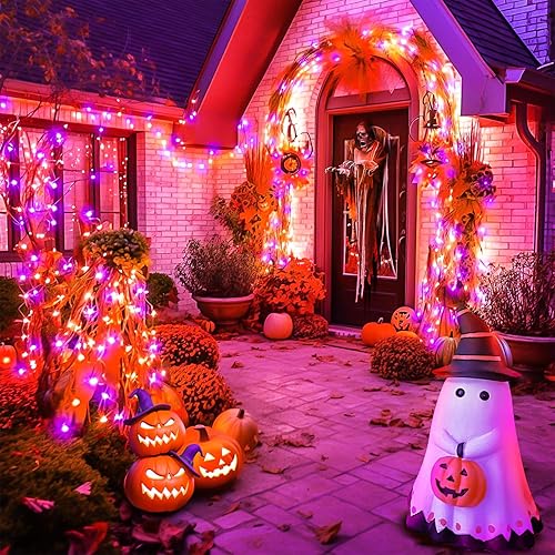 Miniatura 2 de Guirnalda de luces LED moradas y naranjas de 70 pies - 210 LED en cable transparente, decoración navideña impermeable y conectable, espeluznante