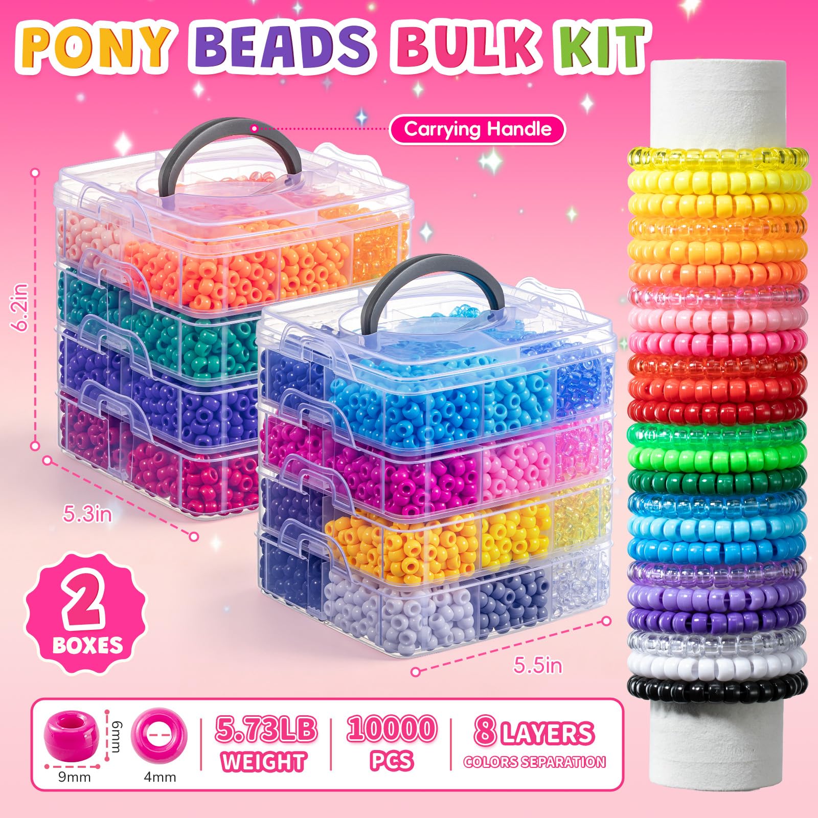 Umikk Pony-Perlen in 48 Farben, 6 x 9 mm, Kunststoff-Kandi-Perlen für Armbänder, Haare, Flechten, Schlüsselanhänger, Schnüren, Basteln, Geschenke für Kinder ab 6 Jahren (2,60 kg, stapelbarer
