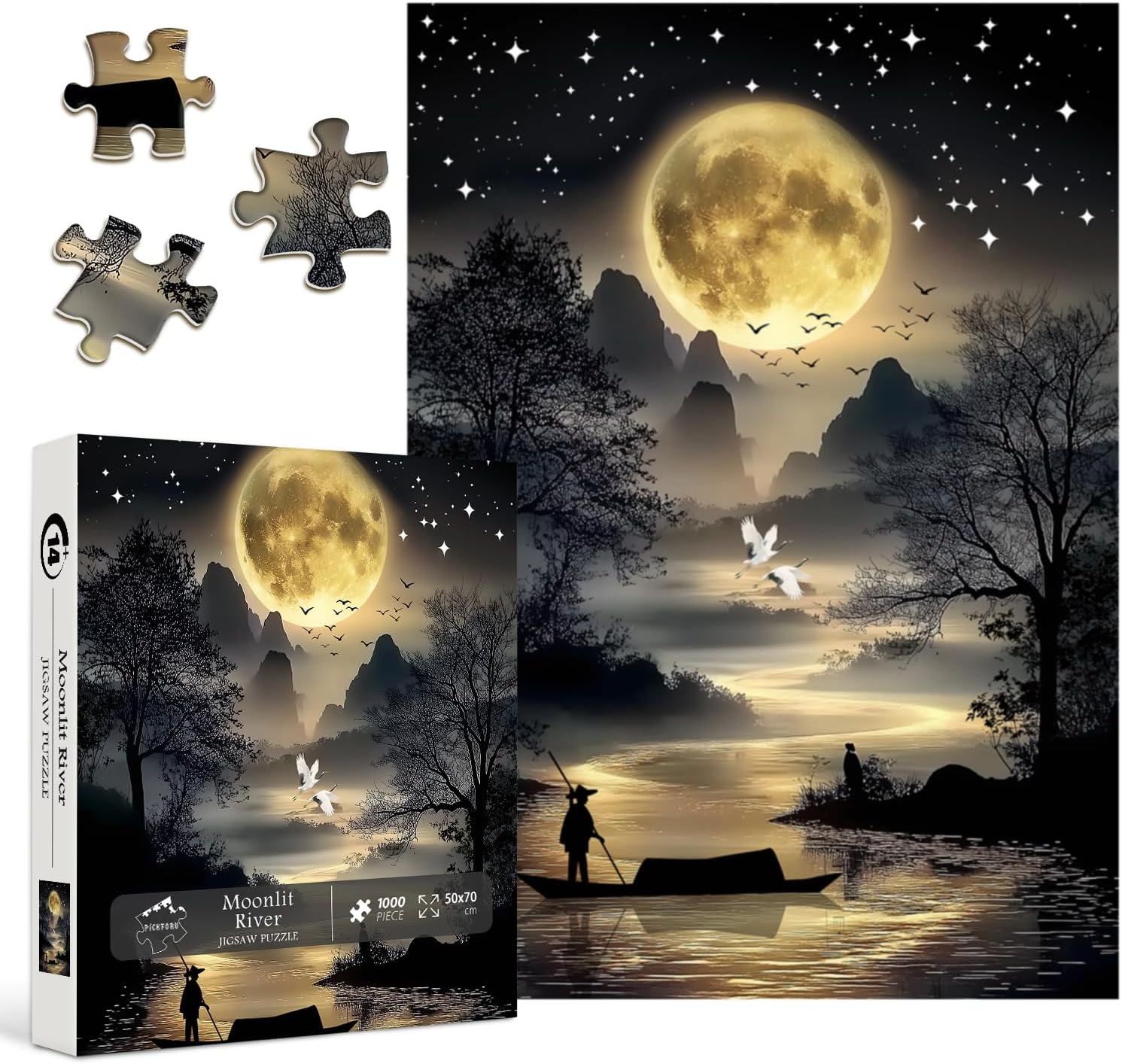 Nature Puzzles for Adults 1000 Pieces, PICKFORU Difficult Lake Tree Scenery Puzzles Bird Mountain, Challenging Impossible Moon Starry Night Theme as Wall Art