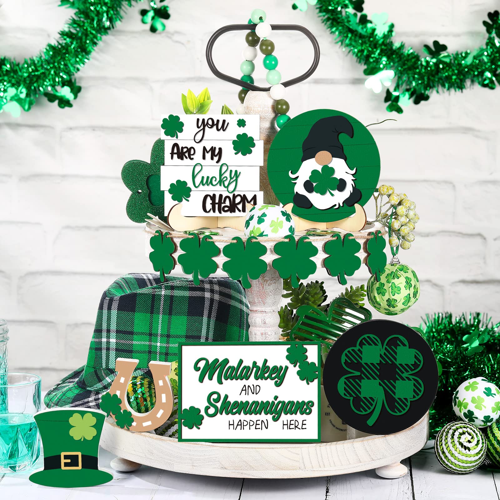 Condition photo showing New/Like New for st. patrick's day tiered tray decor set include rustic shamrock gnome truck wood sign cutout letter sign for st. patrick's day table home kitchen bar decoration (green style, 12 pcs)