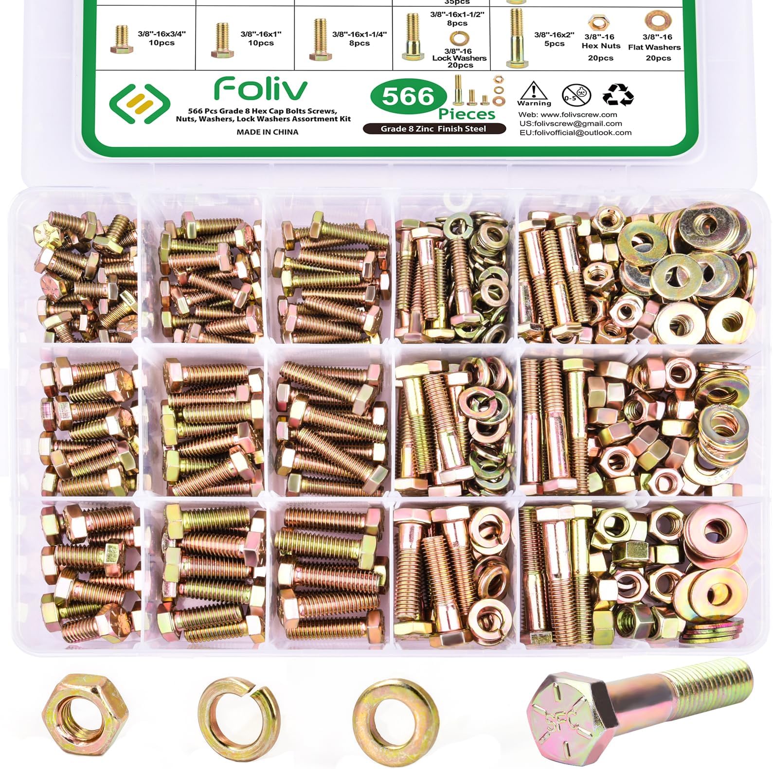 FOLIV 566Pcs Heavy Duty Bolts and Nuts Assortment Kit, Grade 8 Hex Screws Bolts Nuts Kit, 1/4-20 5/16-18 3/8-16, 15 Common Sizes Included