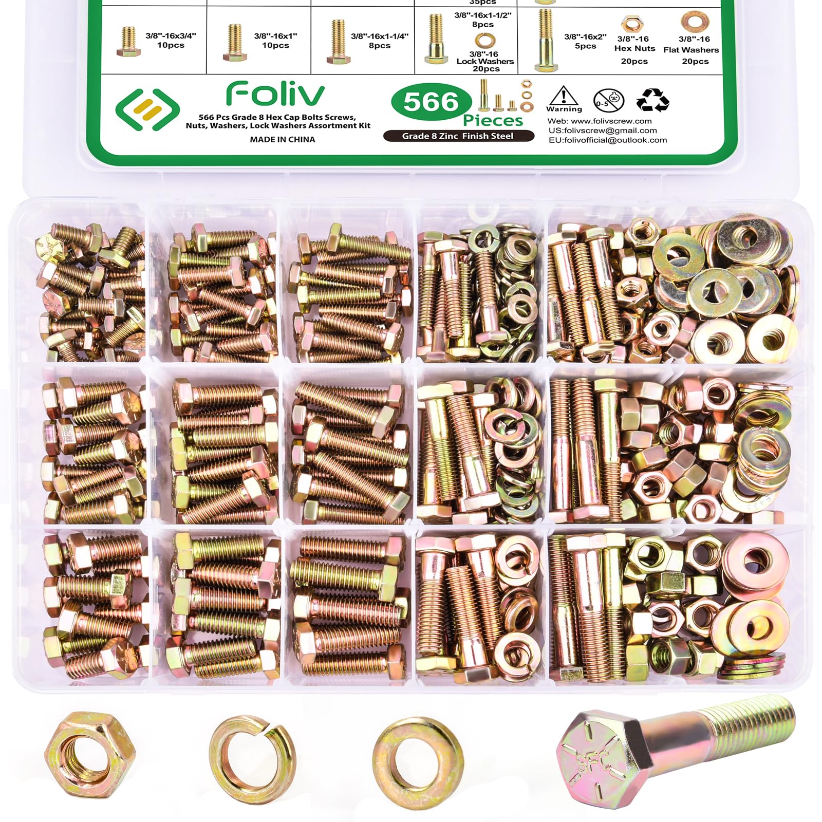 FOLIV 566Pcs Grade 8 Heavy Duty Bolts and Nuts Assortment Kit, 1/4-20 5/16-18 3/8-16 Hex Screws Bolts Nuts Kit, 15 Common Sizes Included