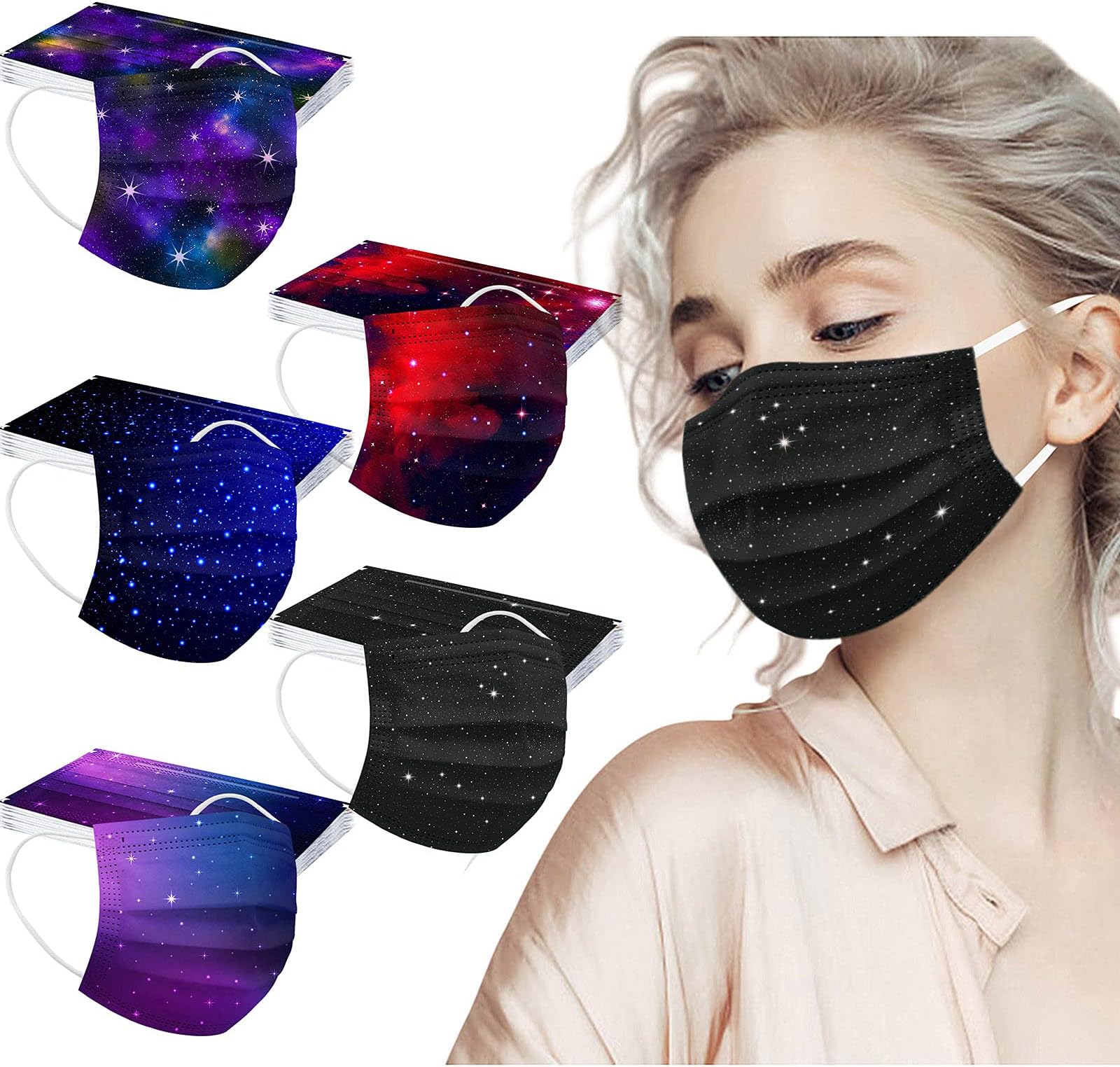 ROTORS50Pc Black Face_Masks Disposable,3-Ply Disposable Star Facemasks for Women,Universe Face_Masks for Adults Daily Use (50PC NEW disposable black face_masks F)