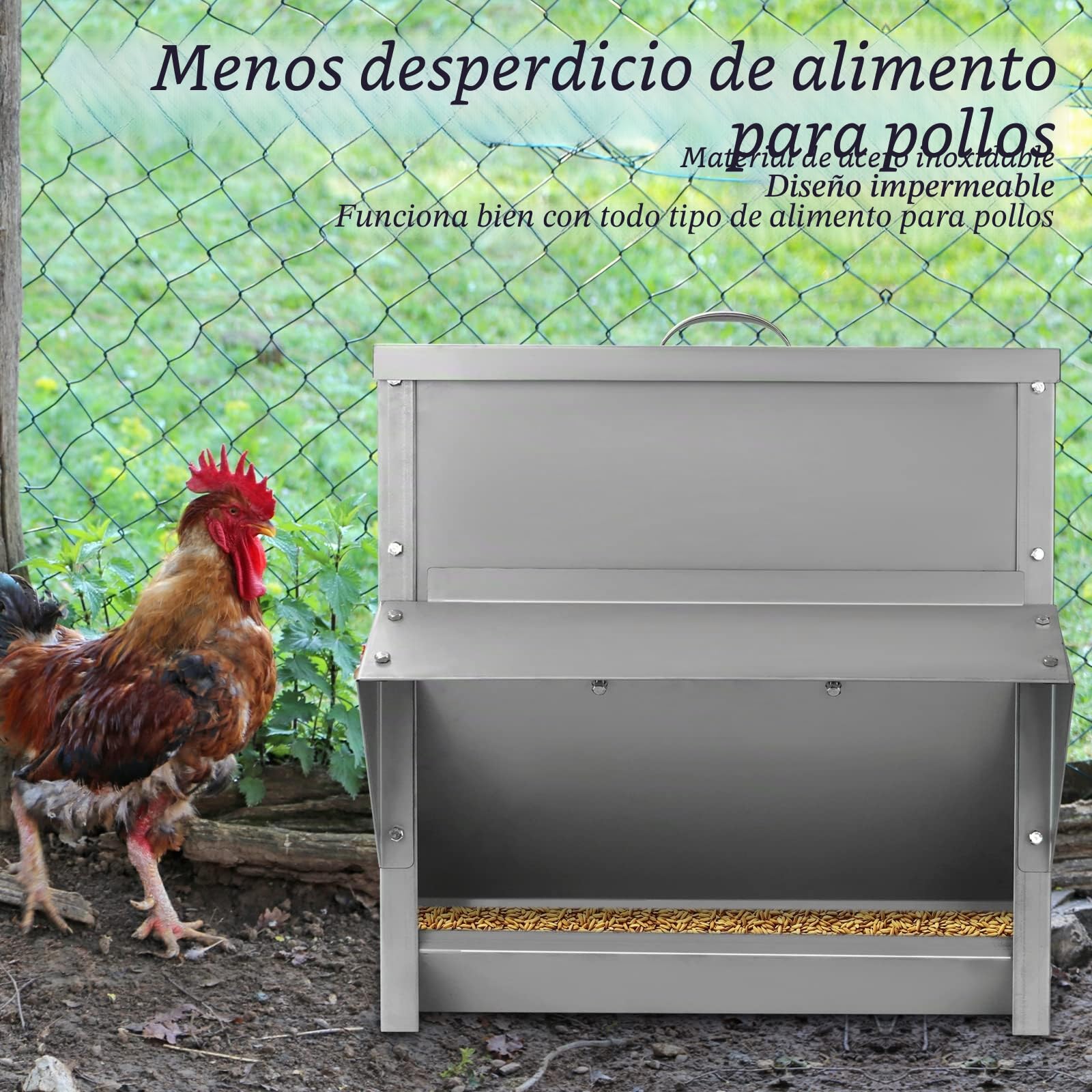 Grande Comedero Gallinas 25KG Dispensador De Pienso, Comedero Gallinas Exterior De Acero Inoxidable, Accesorios para Gallinero