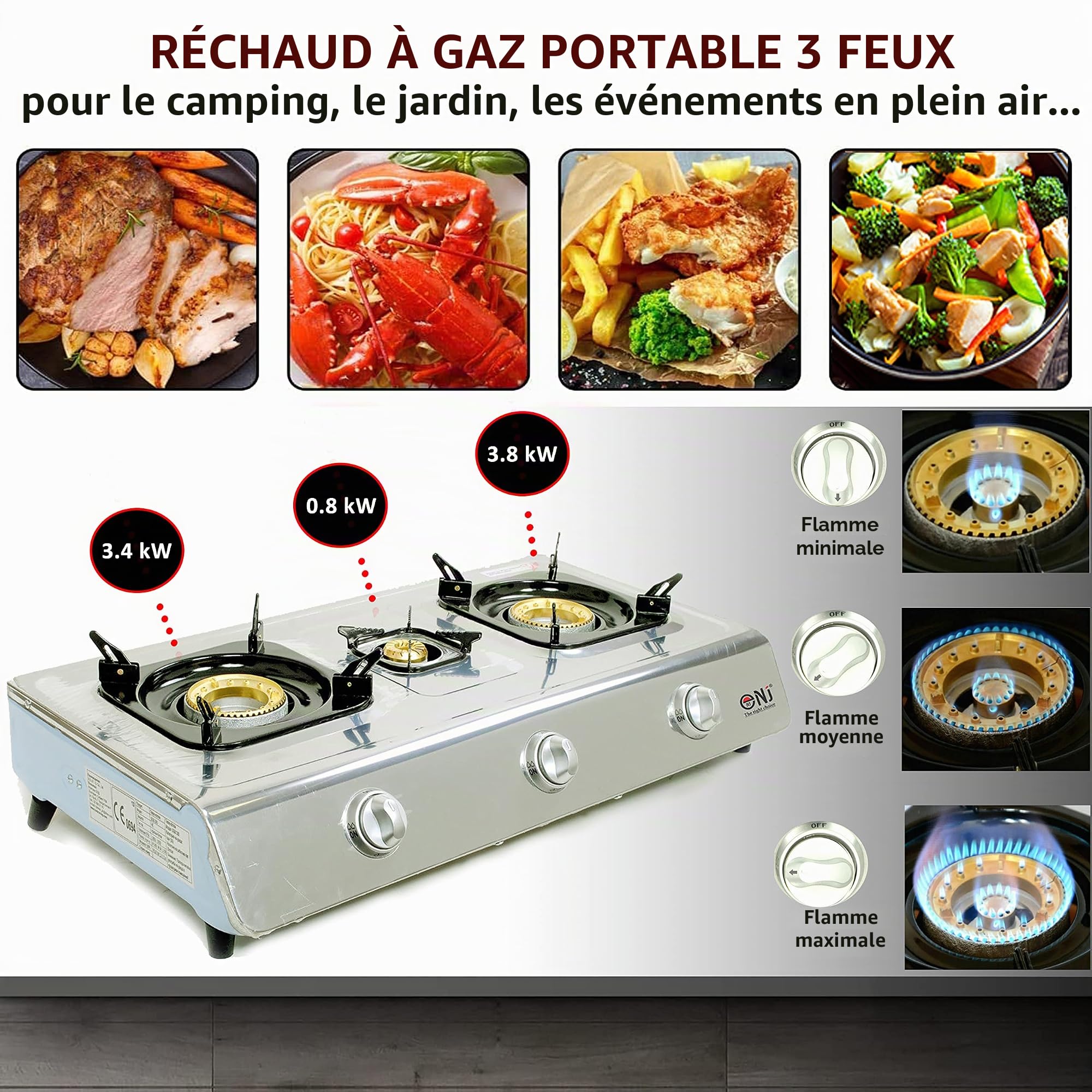 NJ NGB-300 Réchaud Camping Gaz - 3 feux Plaque de Cuisson Portable Inox