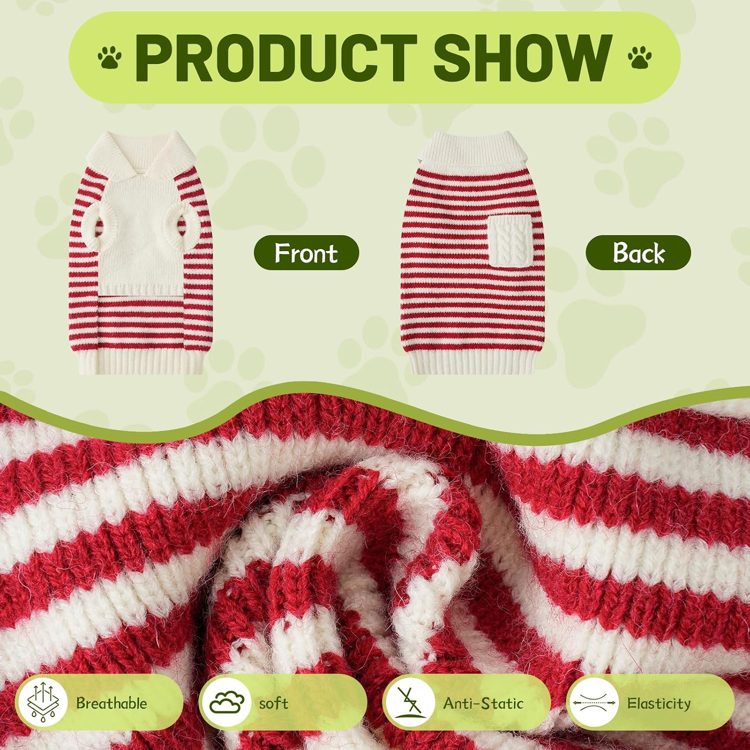 Small Dog Sweater, Knitted Striped Pullover Dog Clothes for Cold Weather, Thick Warm Cozy Stretchy Sweater for Chihuahua, Bulldog, Dachshund, Pug(Red & White Strip, XL)