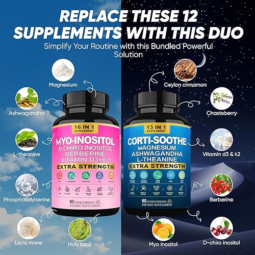 Miniatura 3 de Paquete de suplementos de cortisol y mio-inositol, apoyo al estrés y salud metabólica, 60 y 90 cápsulas vegetales con cortisol, mio-inositol,