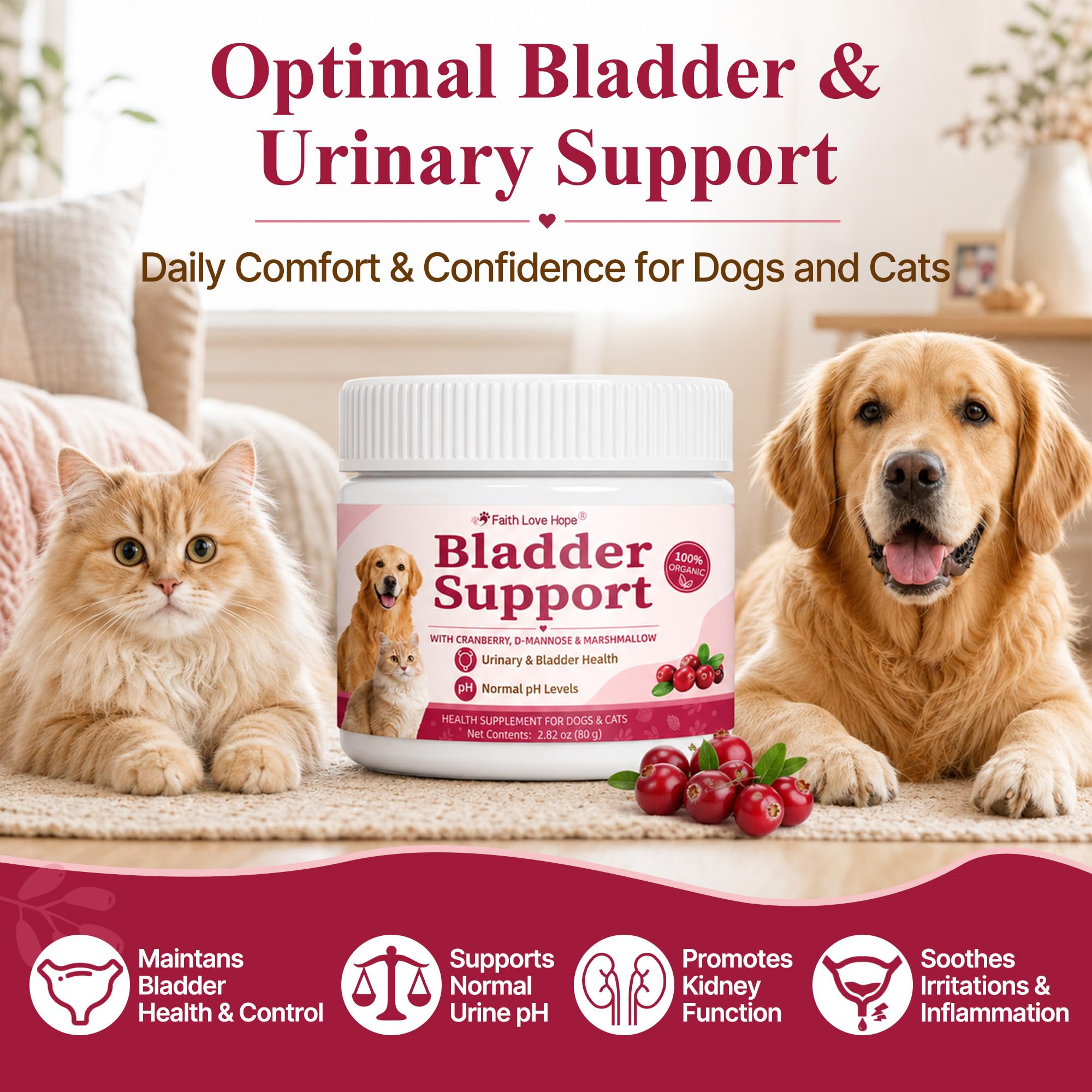 Bladder Support Cranberry Supplement for Dogs & Cats | with Marshmallow Root & D-Mannose | Urinary Supplement for Tract Health, Normal Urine pH & Incontinence| Natural Bladder Control - 80 Scoops — Amazon image 2