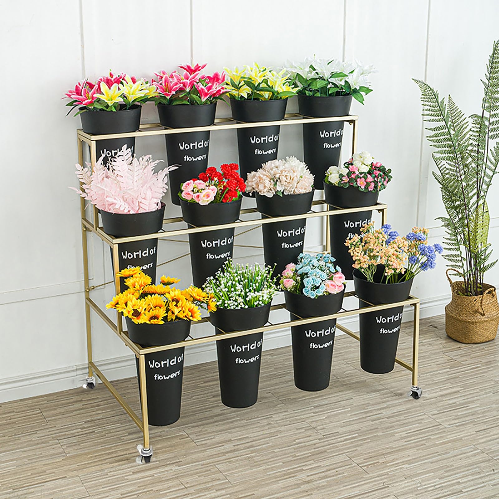 Support à plantes roulant en métal à 3 niveaux, porte-pots intérieur extérieur