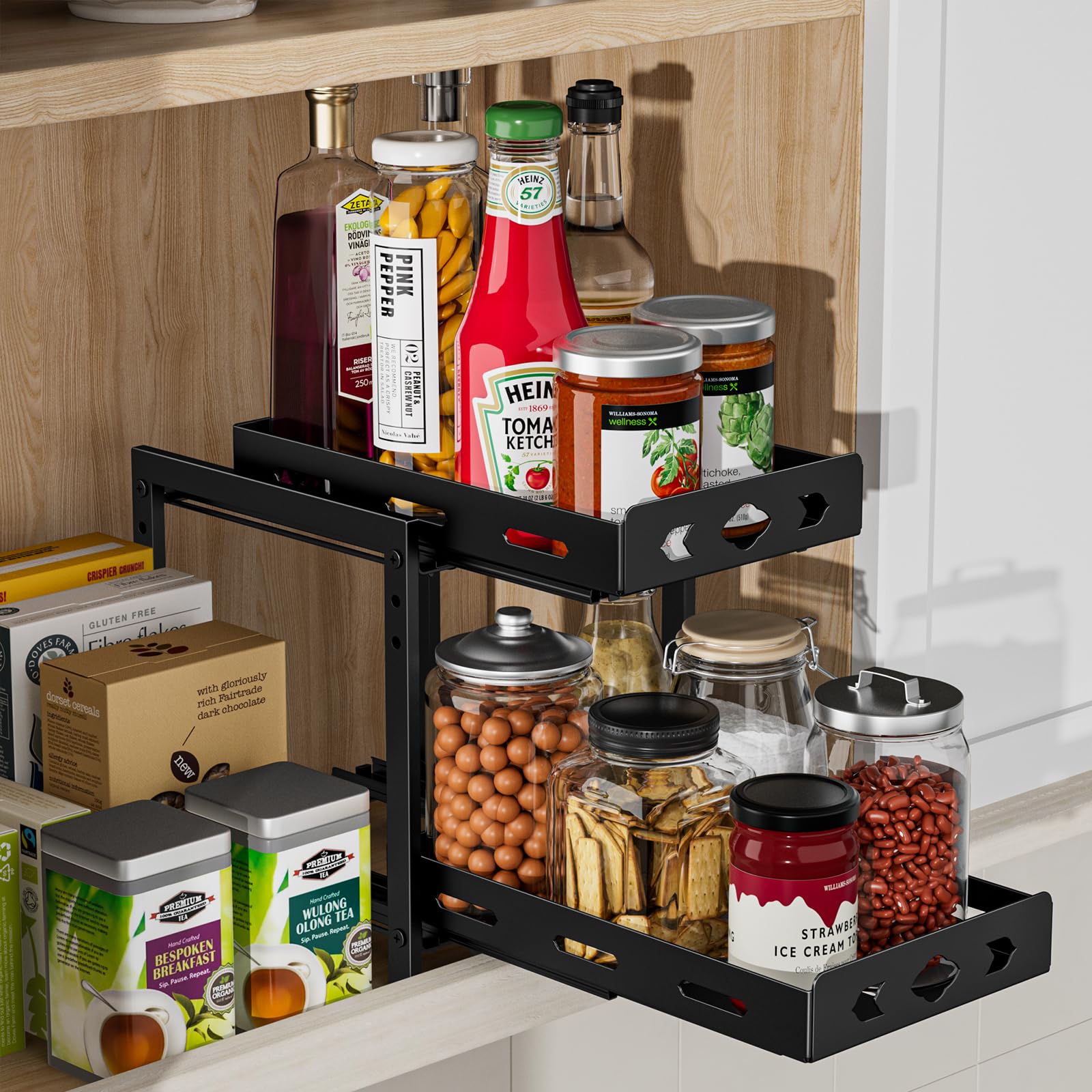 BOIVSHI Ausziehbares Gewürzregal für Schrank, 2-stöckiges Gewürzregal, höhenverstellbar, vertikales Gewürzregal für Küchenschrank, 19,1 cm B x 27,7 cm T x 23,9 cm H, Metall schwarz)