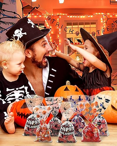 Miniatura 6 de NESIMY Bolsas de golosinas de Halloween para celofán, bolsa de celofán a granel con lazos giratorios para dulce o truco, regalos y recuerdos de