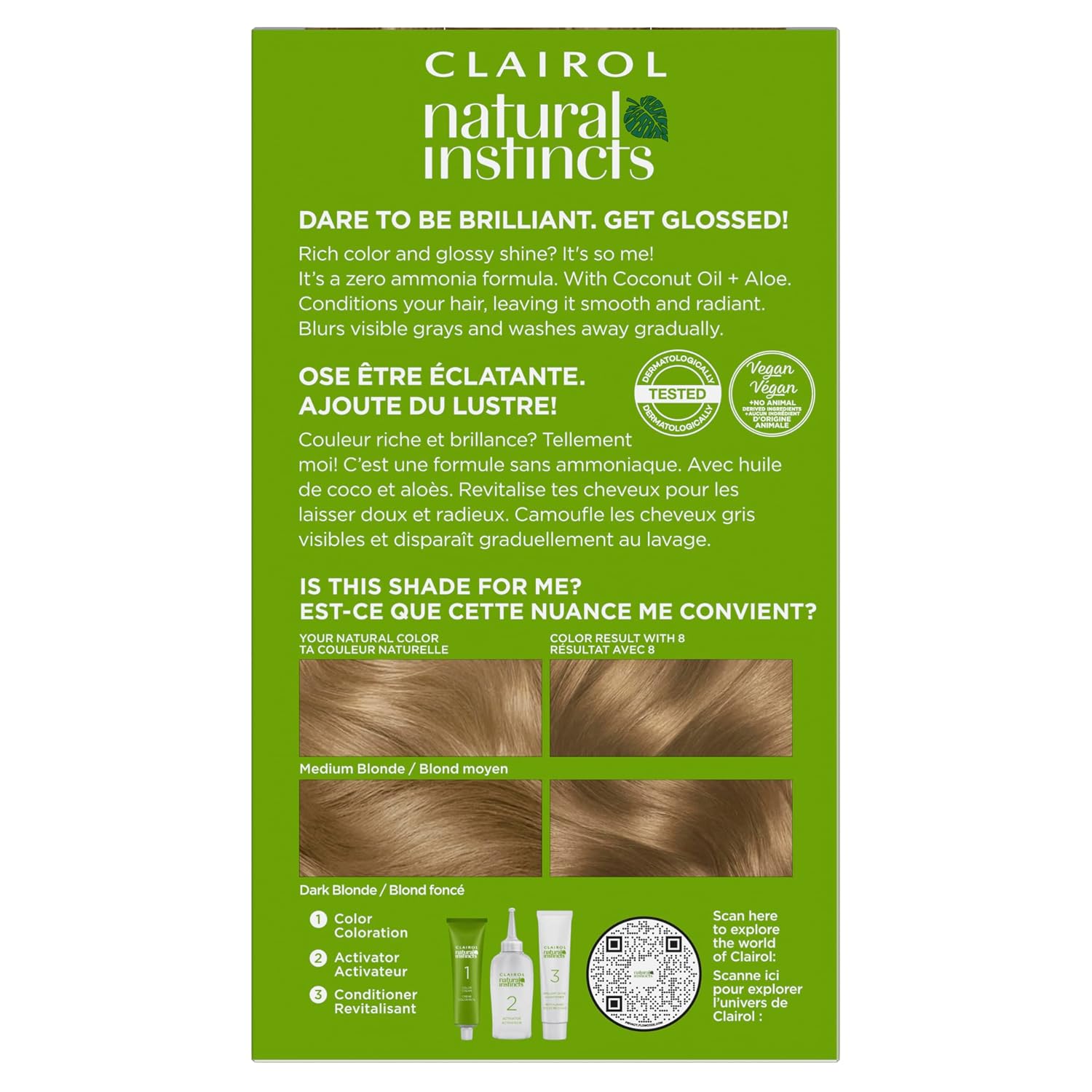 Clairol Natural Instincts Demi-Permanent Hair Dye, 8 Medium Blonde | Ammonia‑Free, Vegan Hair Color with Coconut Oil & Aloe Vera | Pack of 1