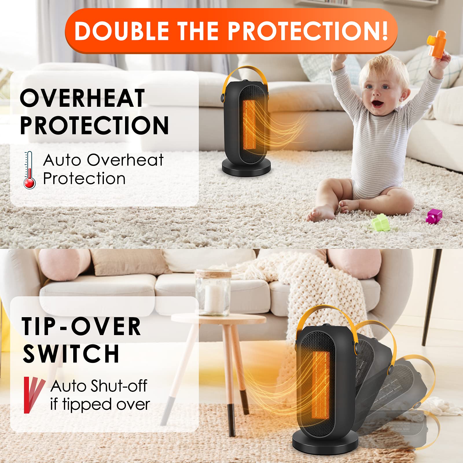 Space Heater,Portable Electric Heater,1200W/600W Safe & Quiet Oscillating Ceramic Heater,Tilt & Over-Heat Portection,Suitable for Office Home