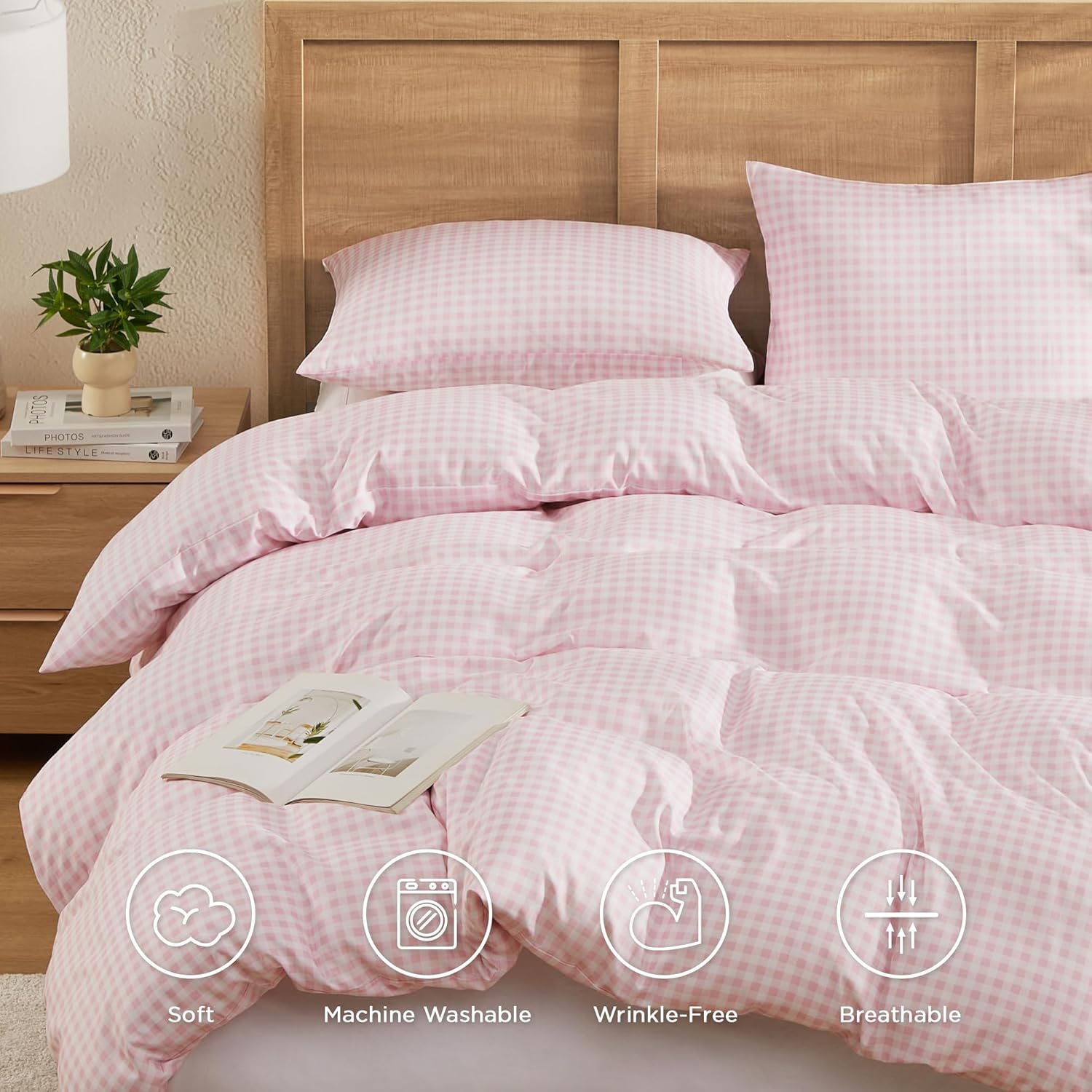 Andency Gingham Duvet Cover Twin Size, Pink Blush Checkered Plaid Bedding Set with Zipper Closure & Corner Ties, 2 Pieces Soft Prewashed Polyester Comforter Cover for Dorm Kids