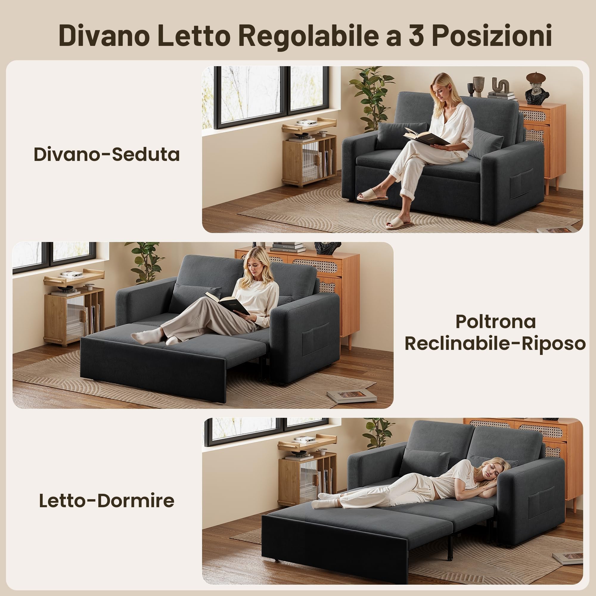 Xbro Divano Letto 2 Posti in Ciniglia, con Cuscini Spessi, 2 Guanciali e Tasche Laterali, Salvaspazio per Soggiorno, Camera da Letto o Ufficio, Moderno, 147x196x87 cm, Grigio Scuro
