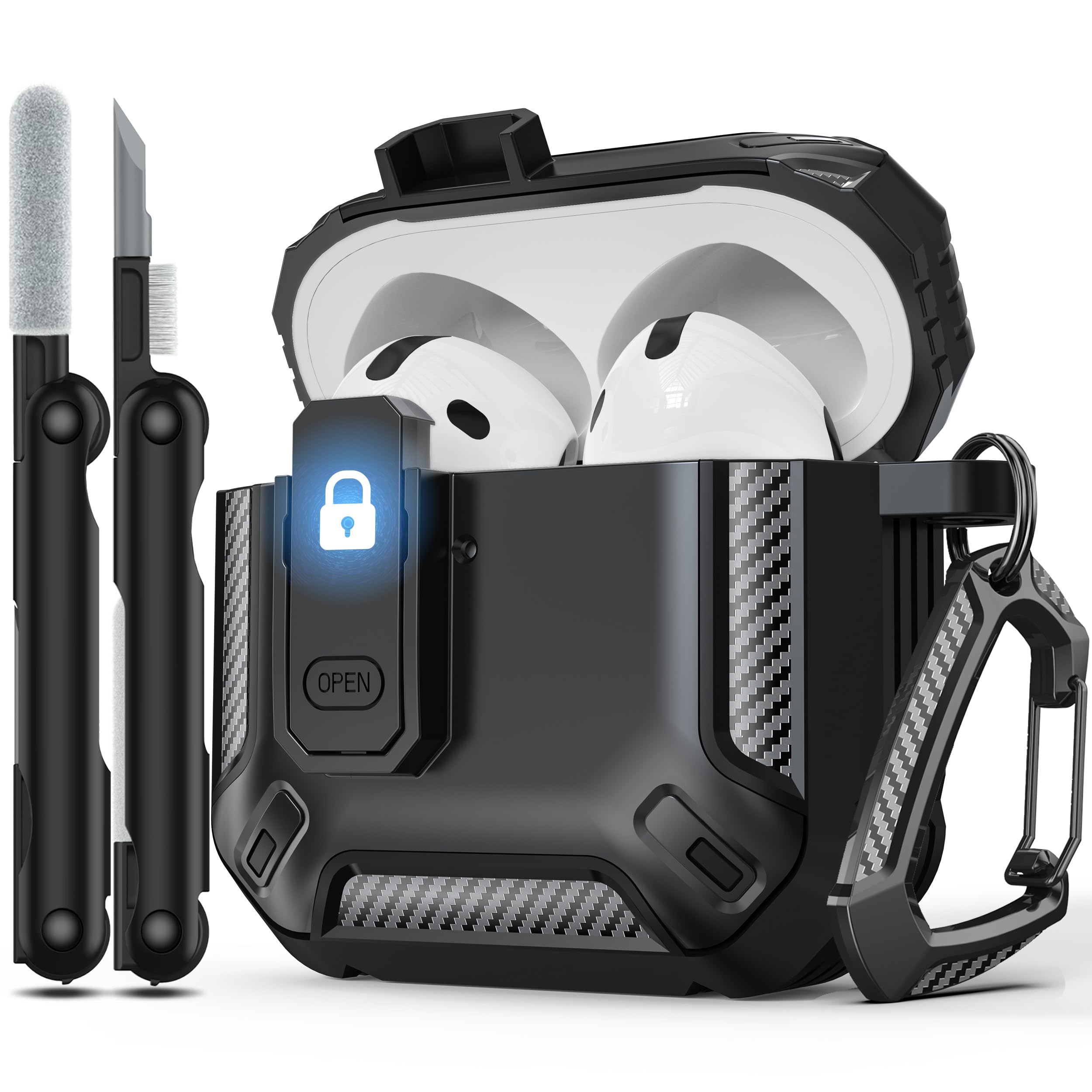 RFUNGUANGO for AirPods 4th Generation Case, Compatible with AirPods 4th Generation Case (2024), Locking Function, Military-Grade Drop Protection, with Cleaning Kit-Black