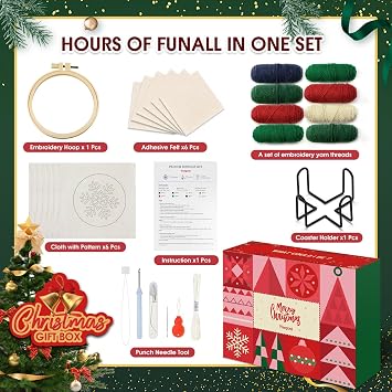 yuegool 6PCS Christmas Punch Needle Coaster Kit,Easy DIY Embroidery Set for Beginners, Adults with Patterns, Tools, Yarns, Hoop, Instructions & Coaster Holder