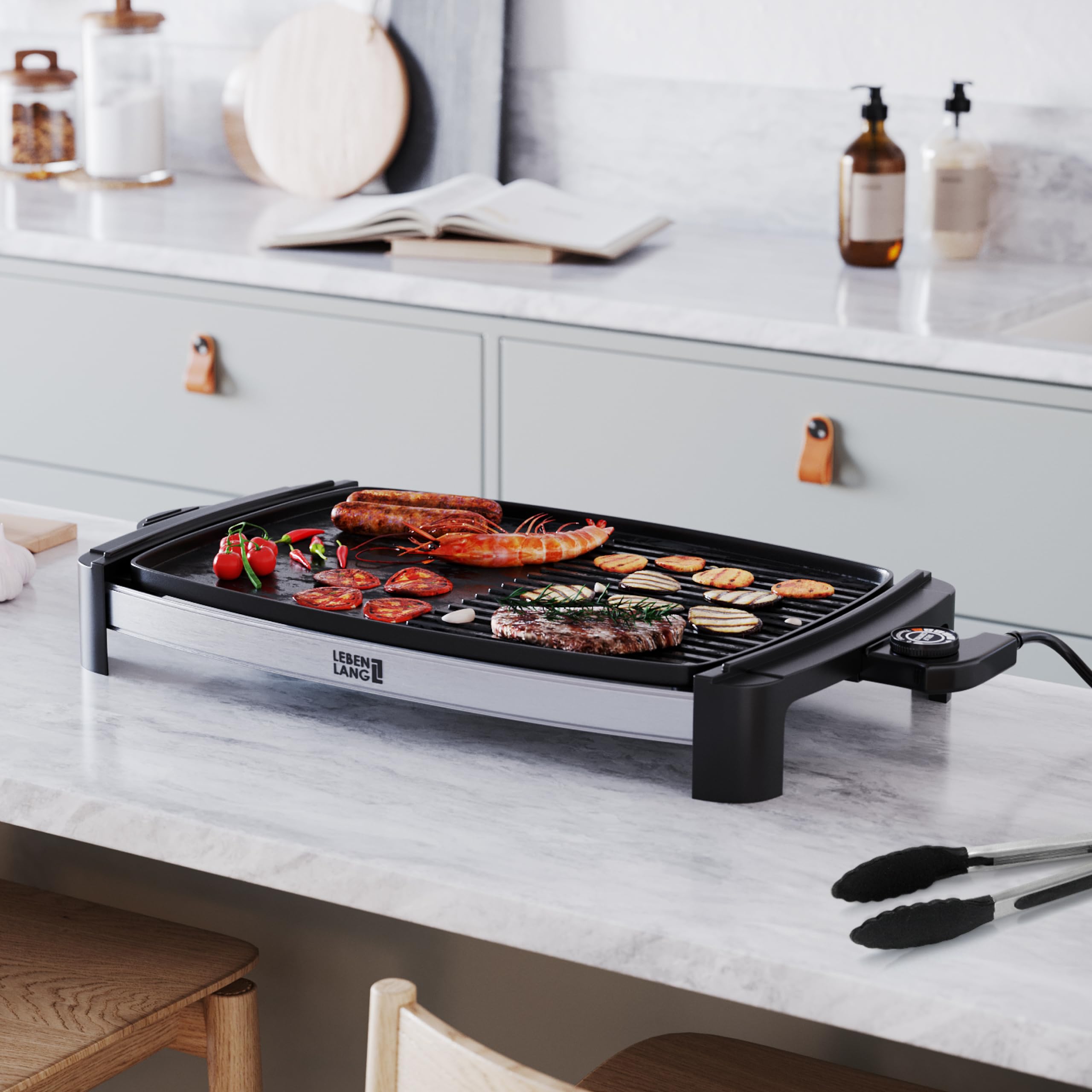 LEBENLANG Griglia Elettrica XXL 2000W - Incl. Pinze Per Barbecue I 45x30cm I Per Uso Interno & Esterno I Bistecchiera Barbecue Grande Grill Elettrico Piastra Per Grigliare Senza Fumo BBQ Da Balcone