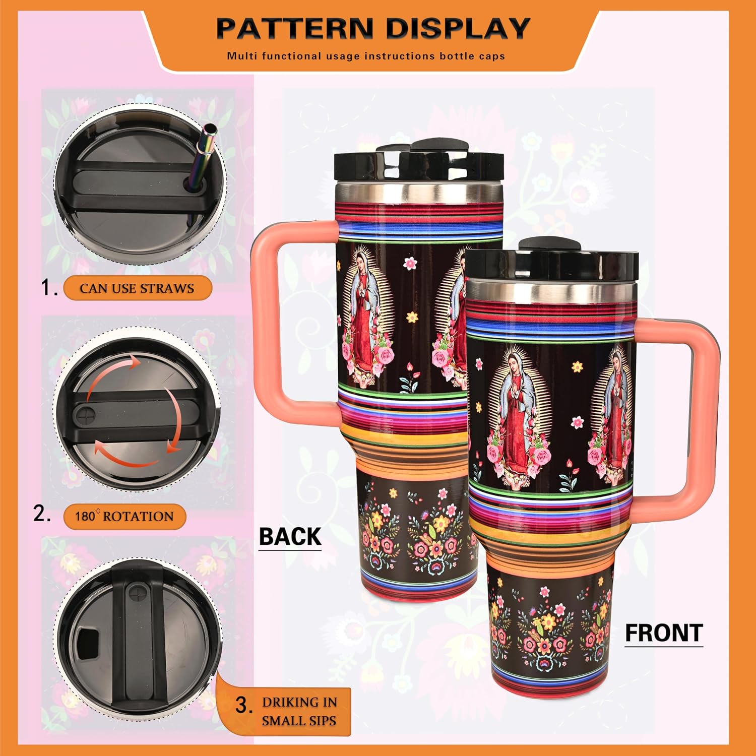 Guadalupe Floral Tumbler Insulated Stainless Steel Travel Mug - Authentic Craftsmanship & Materials