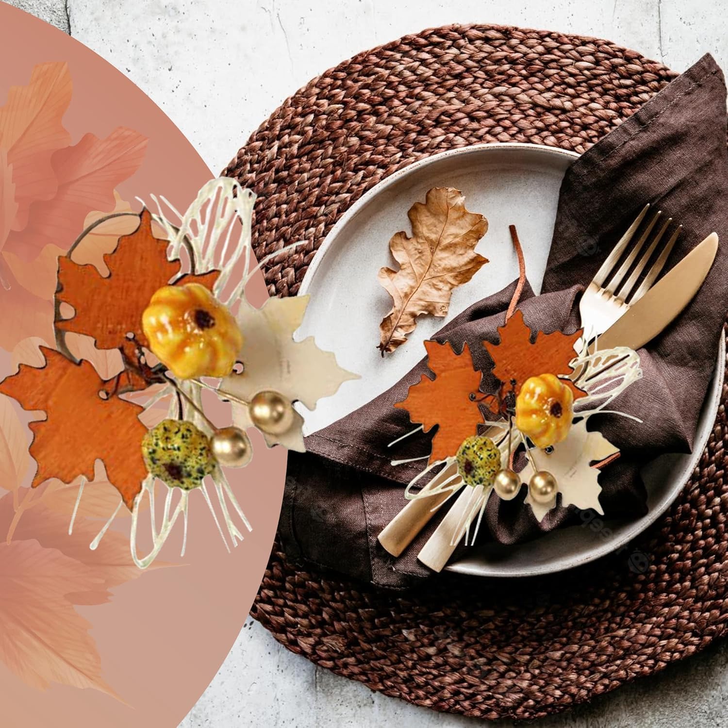 Angel Isabella Fall Themed Napkin Rings - Harvest Maple Wood & Pumpkin Cloth Napkin Holder for Table Setting - Fall Banquet, Thanksgiving, Christmas or Wedding Table Decor (8pc, Harvest Wood)