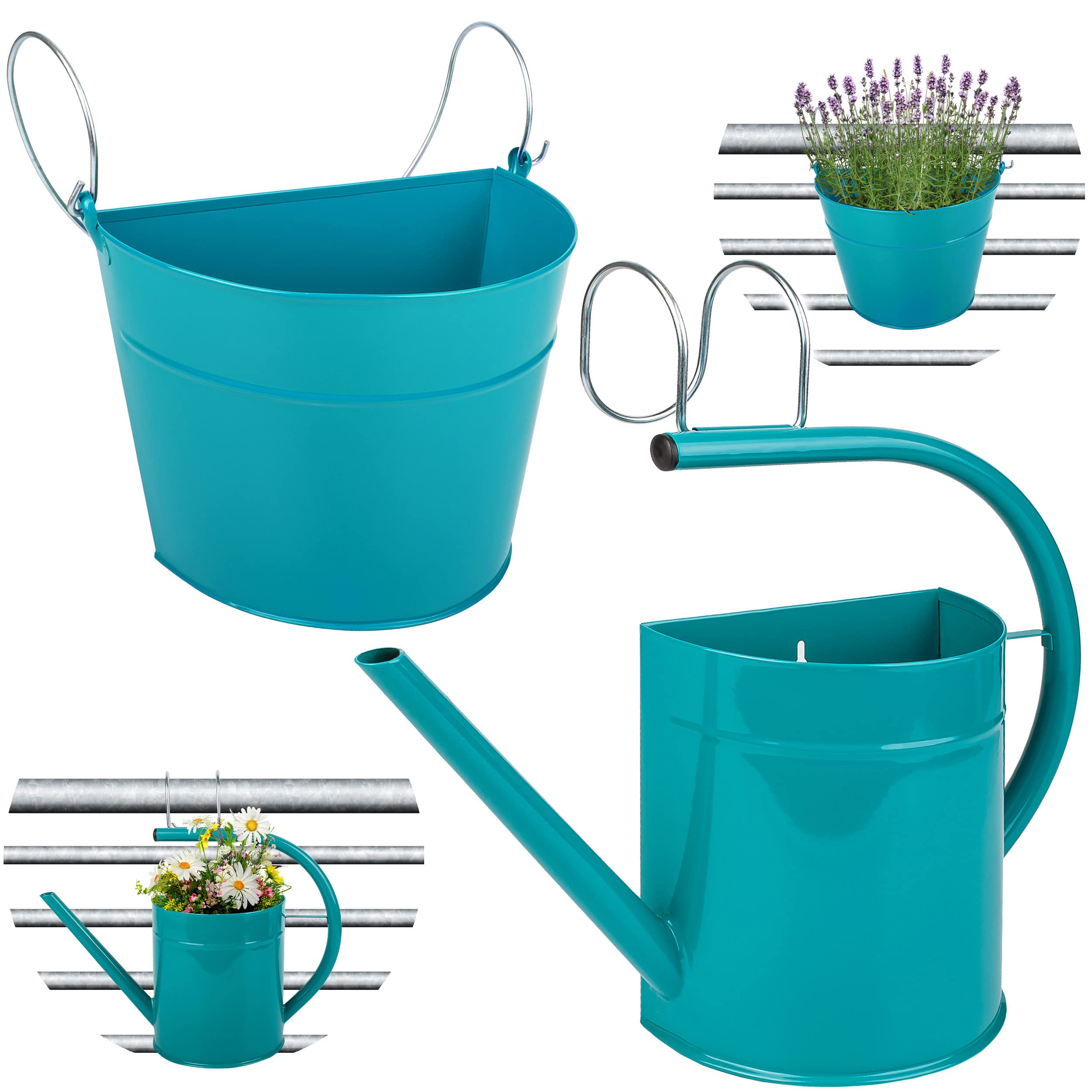 alles-meine.de GmbH 6 TLG. Set: Hänge - Töpfe Farbwahl Blumentopf/Wandvase/Hängetopf - Ø 35 cm - Metall - türkis blau/Mint - Gießkanne - HALB RUND - Hängend/mit Haken..